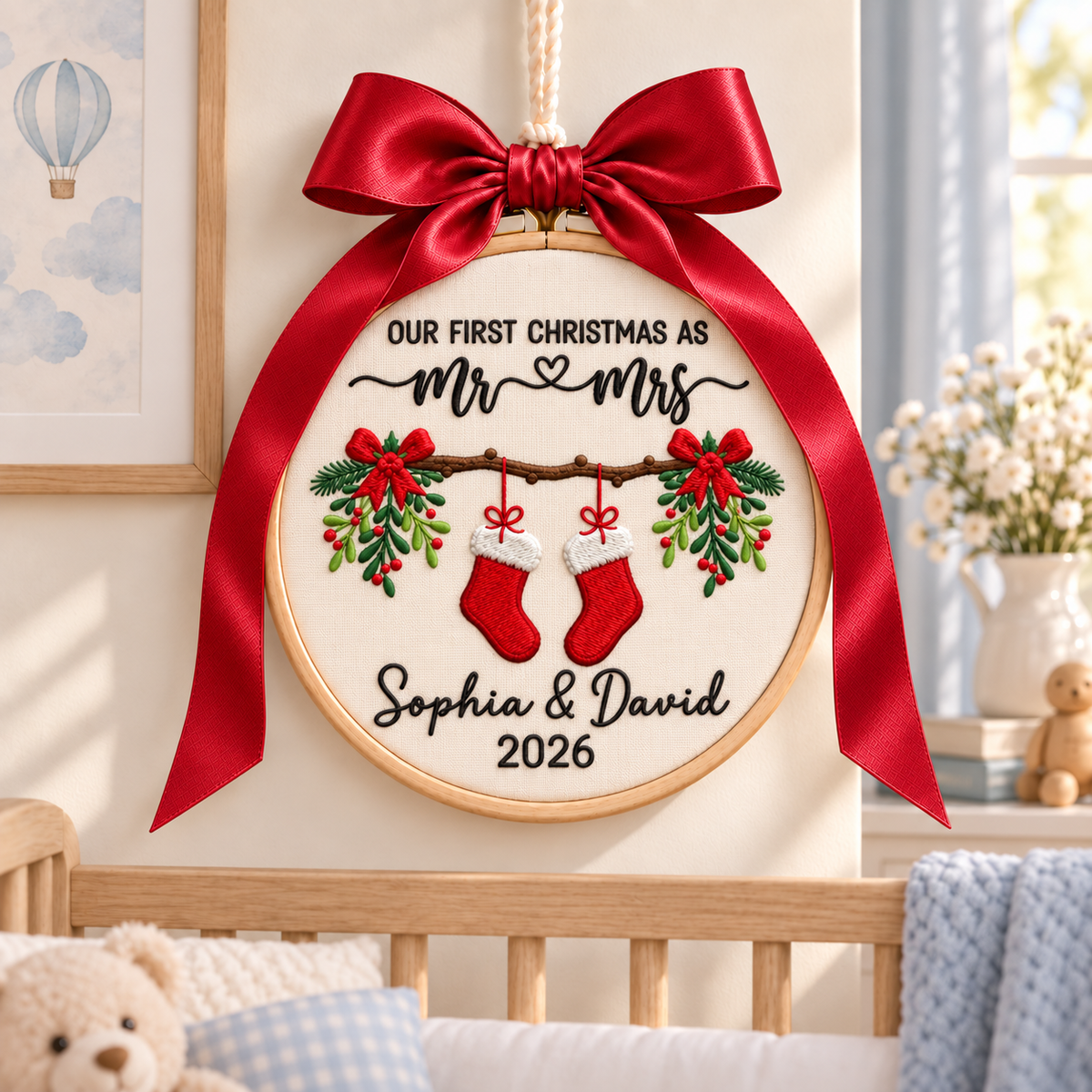 Our First Christmas as Mr & Mrs Ornament, Personalized Embroidered Newlywed Keepsake