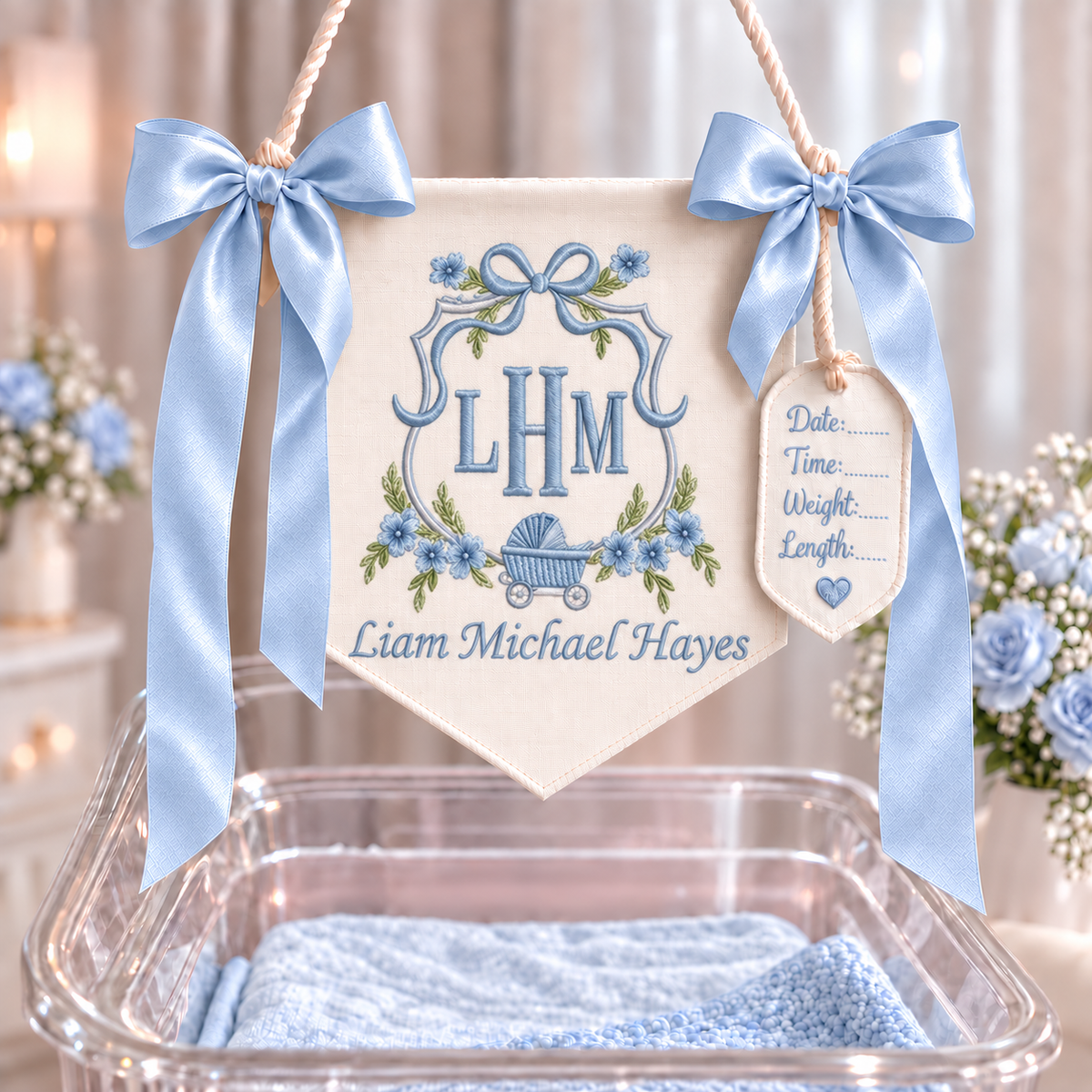Embroidered Baby Name Banner, Nursery Decor, Hospital Door Hanger