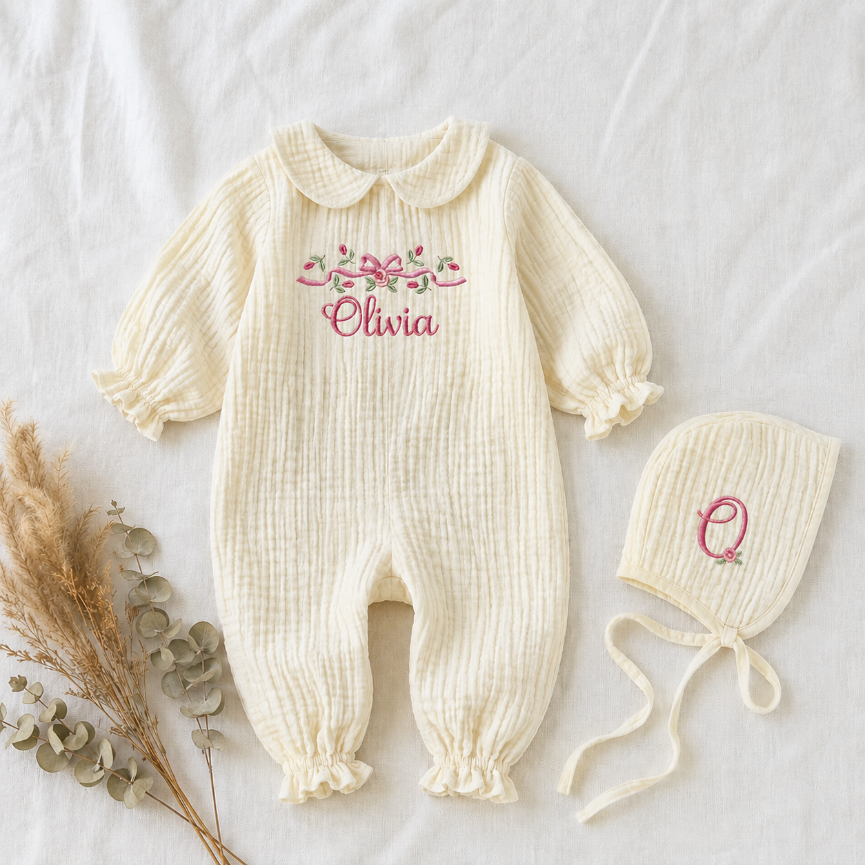 Personalized Baby Romper Set — Muslin Romper & Bonnet with Custom  Name Embroidery · Boho Floral · Newborn Coming Home Outfit · Baby  Shower Gift
