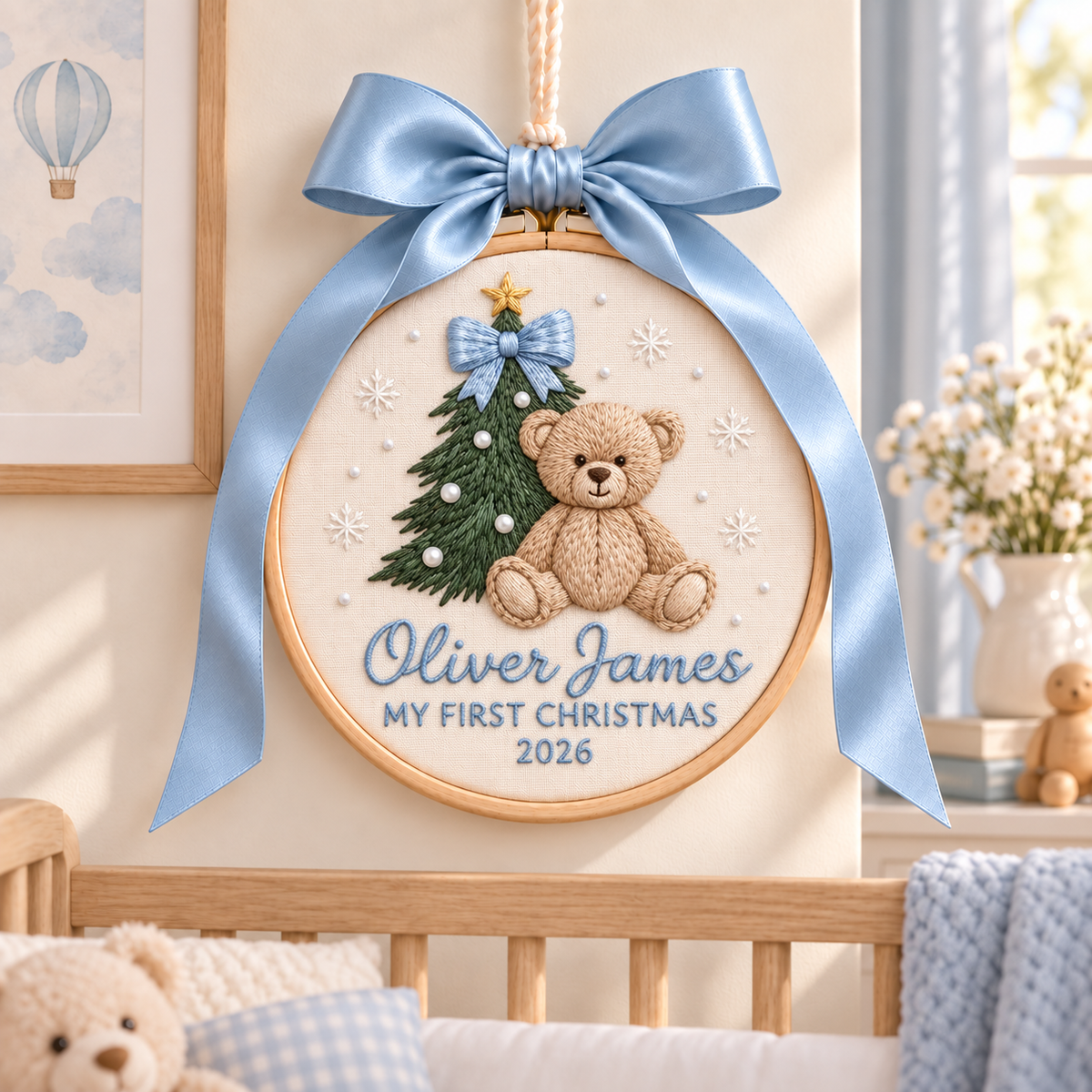 Teddy Bear My First Christmas Ornament, Personalized Embroidered Baby Name Keepsake