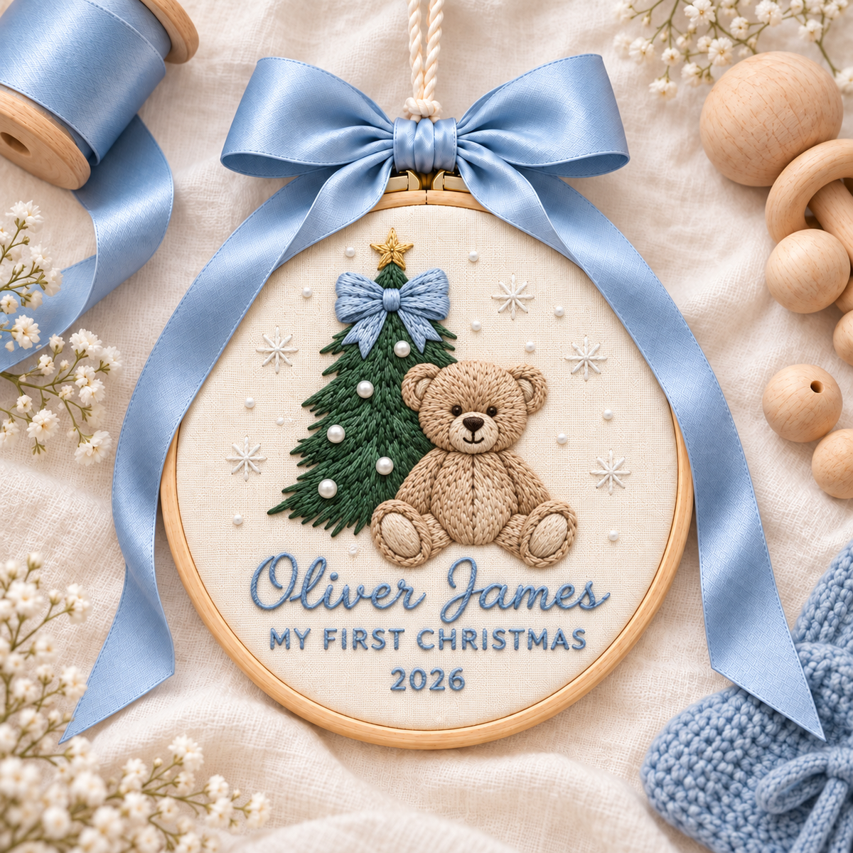 Teddy Bear My First Christmas Ornament, Personalized Embroidered Baby Name Keepsake