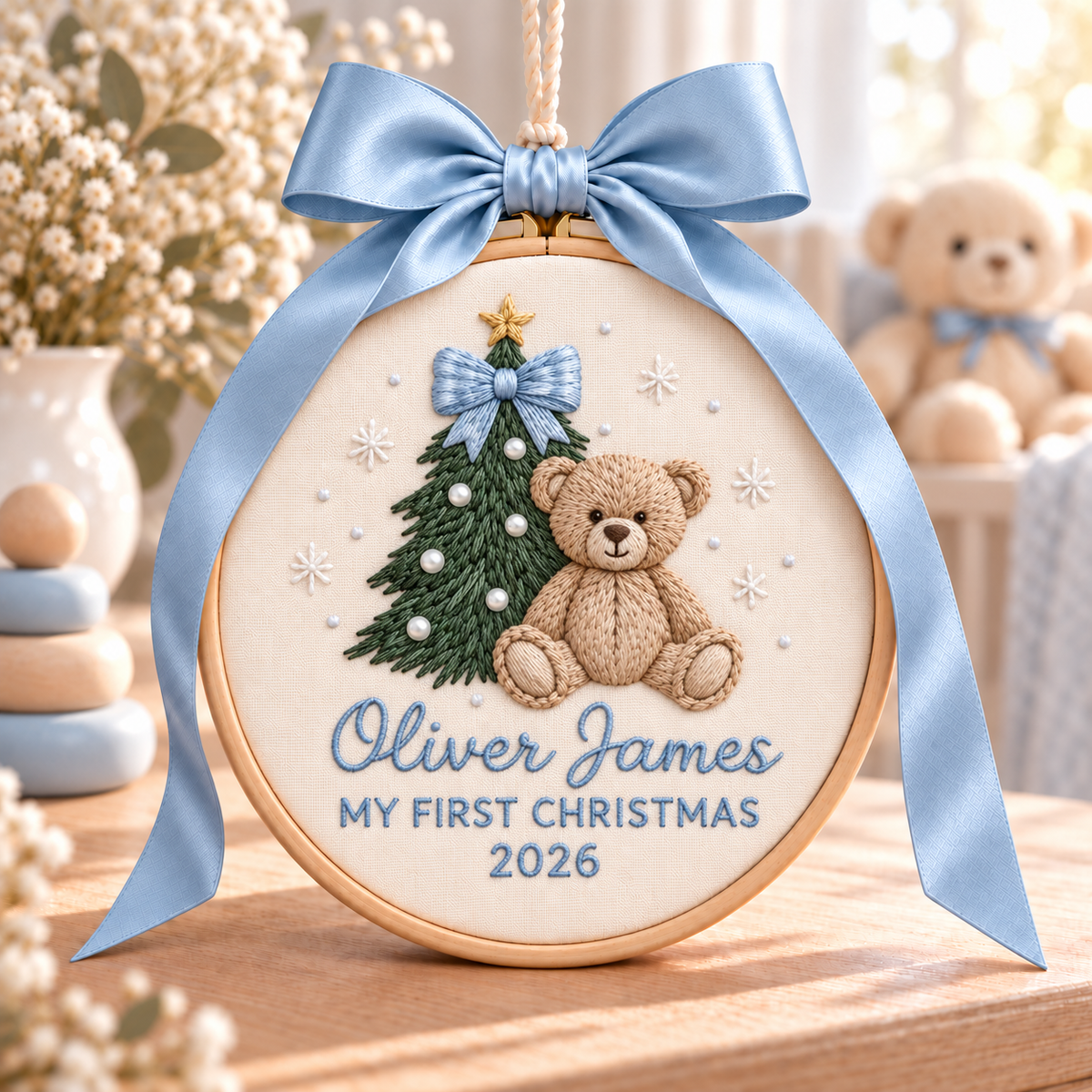 Teddy Bear My First Christmas Ornament, Personalized Embroidered Baby Name Keepsake