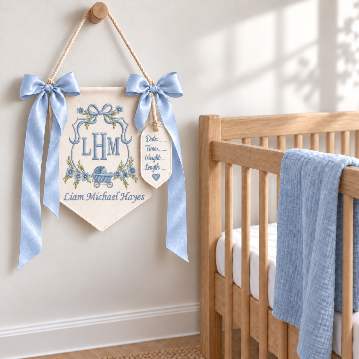 Embroidered Baby Name Banner, Nursery Decor, Hospital Door Hanger