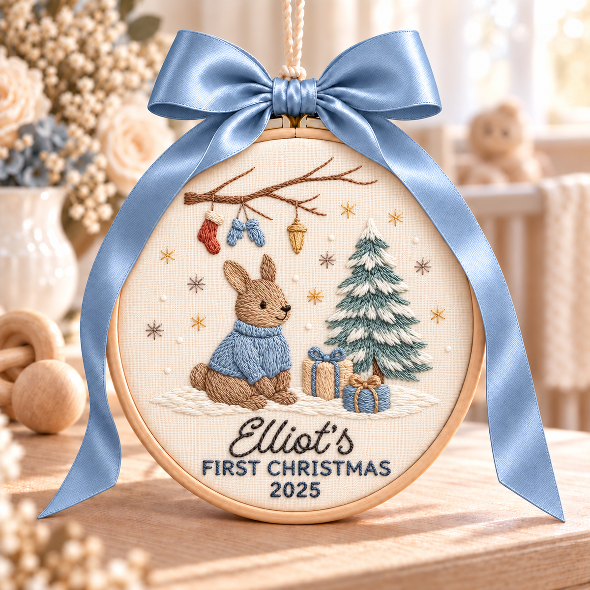 Bunny Baby's First Christmas Ornament, Personalized Embroidered Name Keepsake in Blue or Pink