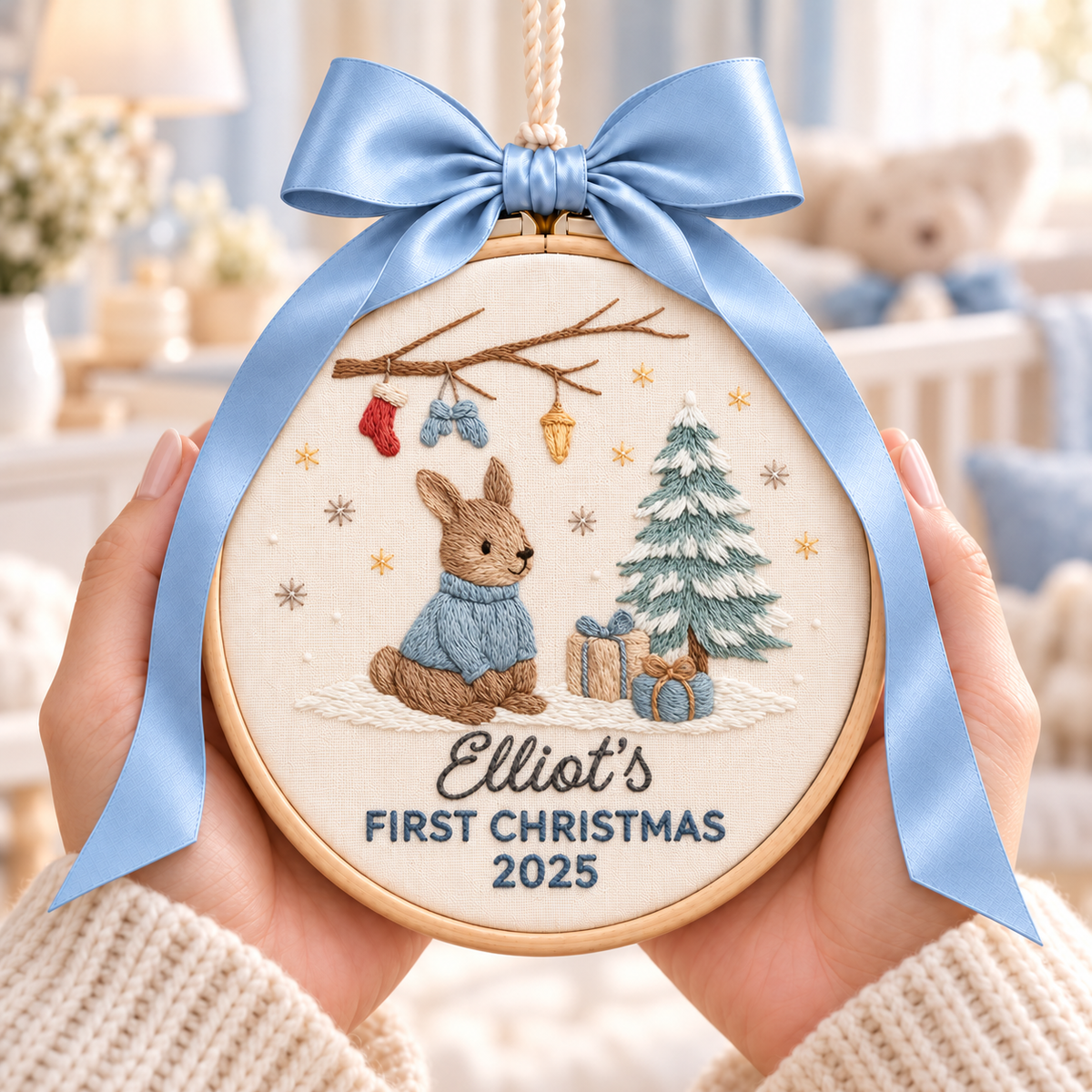 Bunny Baby's First Christmas Ornament, Personalized Embroidered Name Keepsake in Blue or Pink