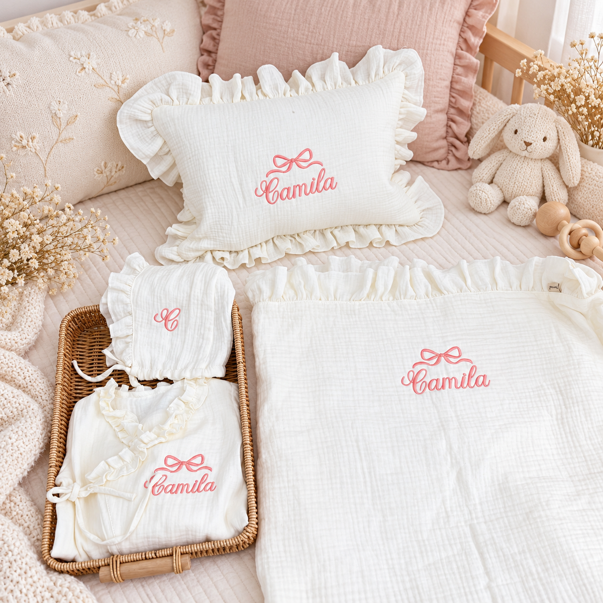 Custom Embroidered Muslin Baby Blanket & Ruffle Pillow | Personalized Baby Name Blanket | Luxury Newborn Gift Set