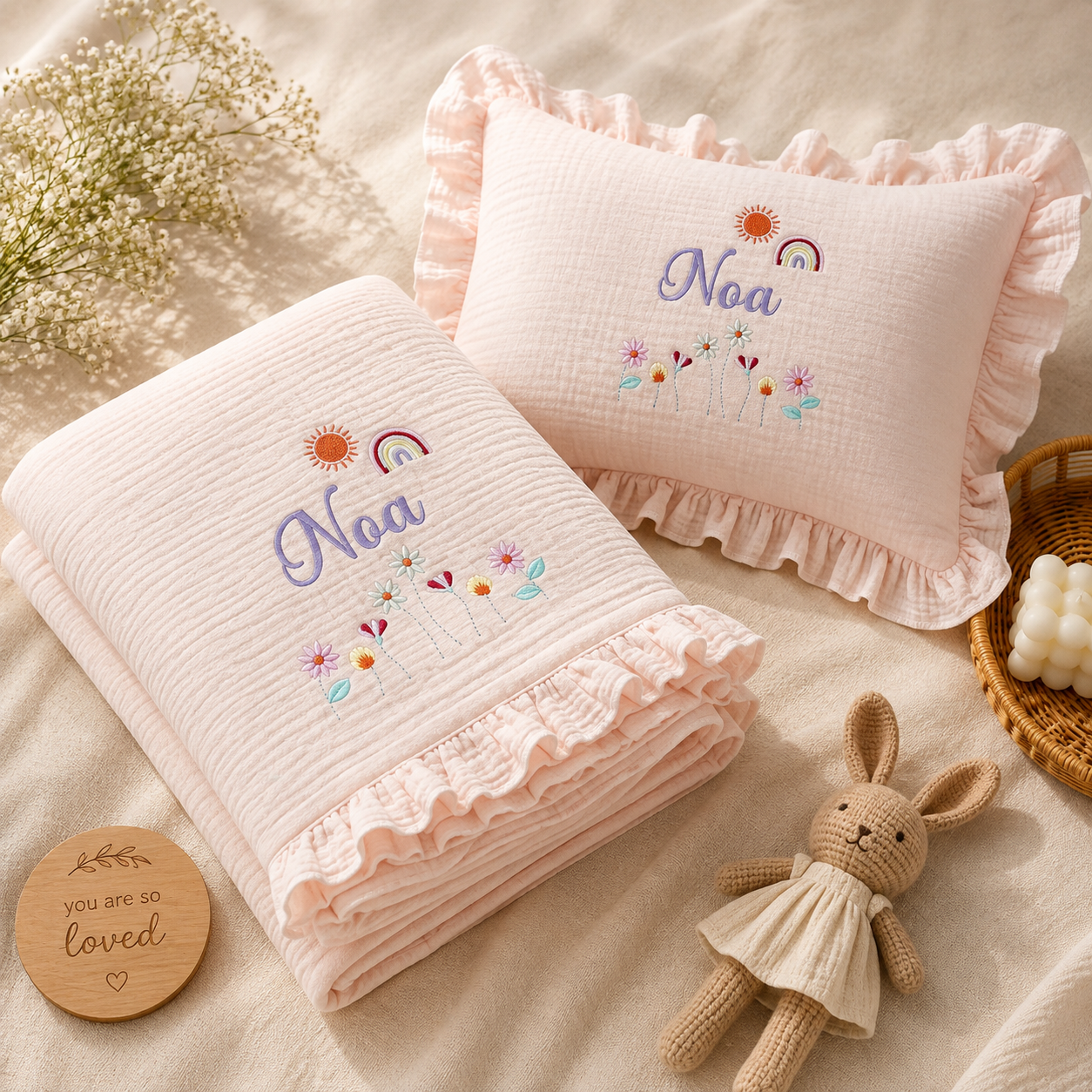 Personalized Baby Muslin Blanket & Ruffle Pillow Set – Embroidered Baby Name Blanket, Custom Newborn Gift, Soft Cotton Muslin Nursery Bedding