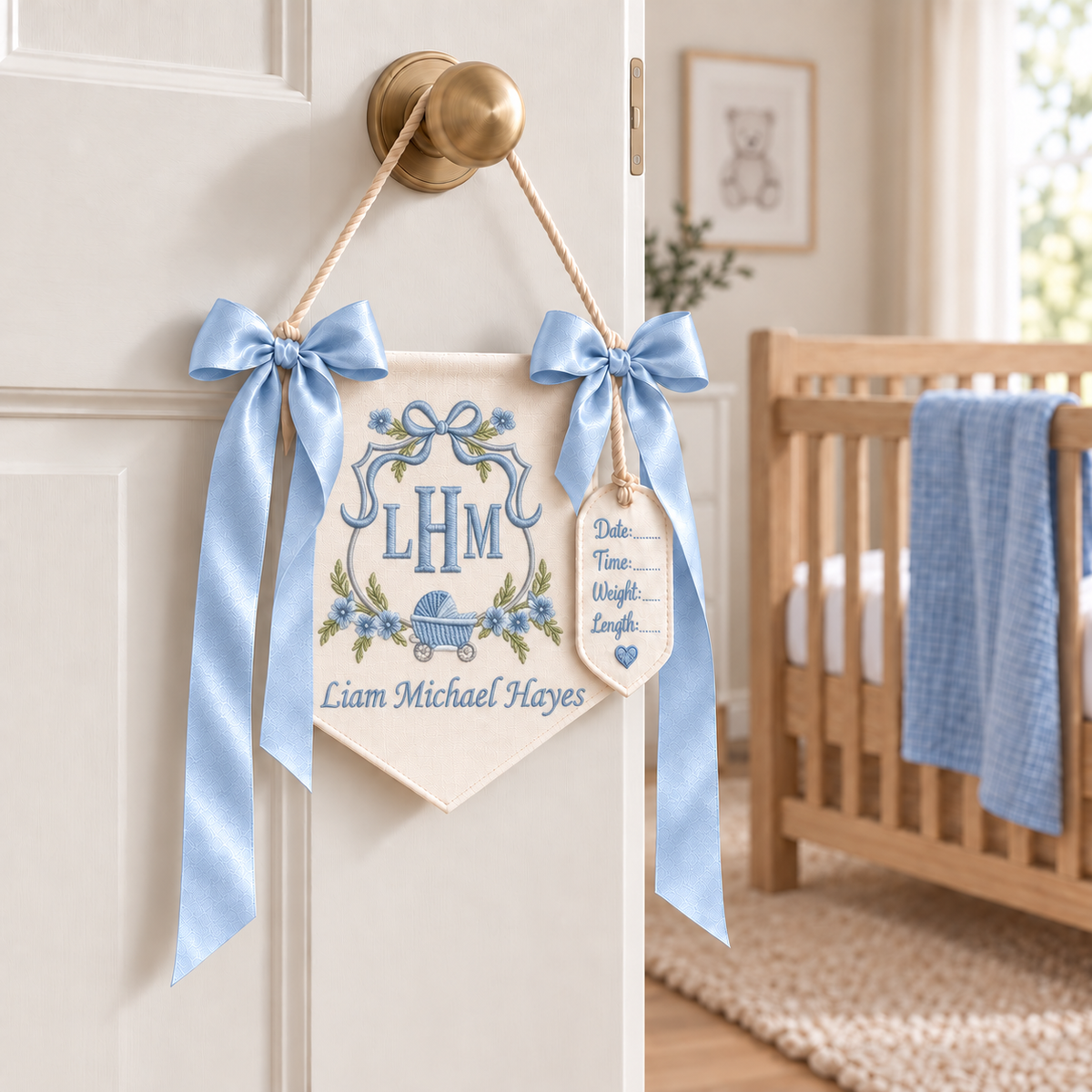 Embroidered Baby Name Banner, Nursery Decor, Hospital Door Hanger