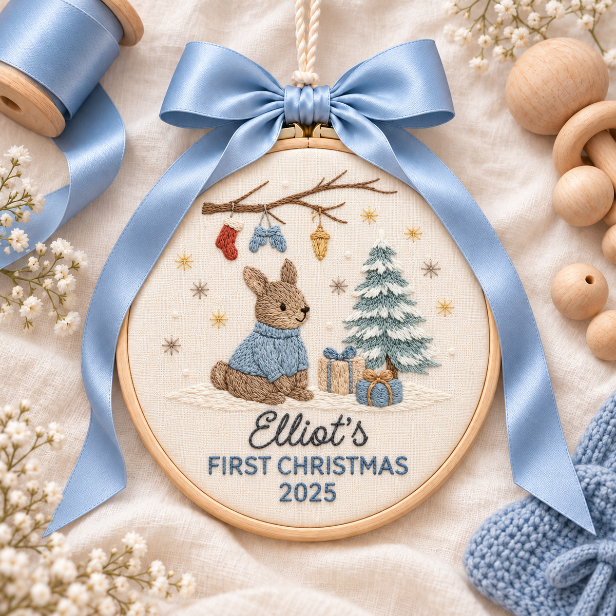 Bunny Baby's First Christmas Ornament, Personalized Embroidered Name Keepsake in Blue or Pink