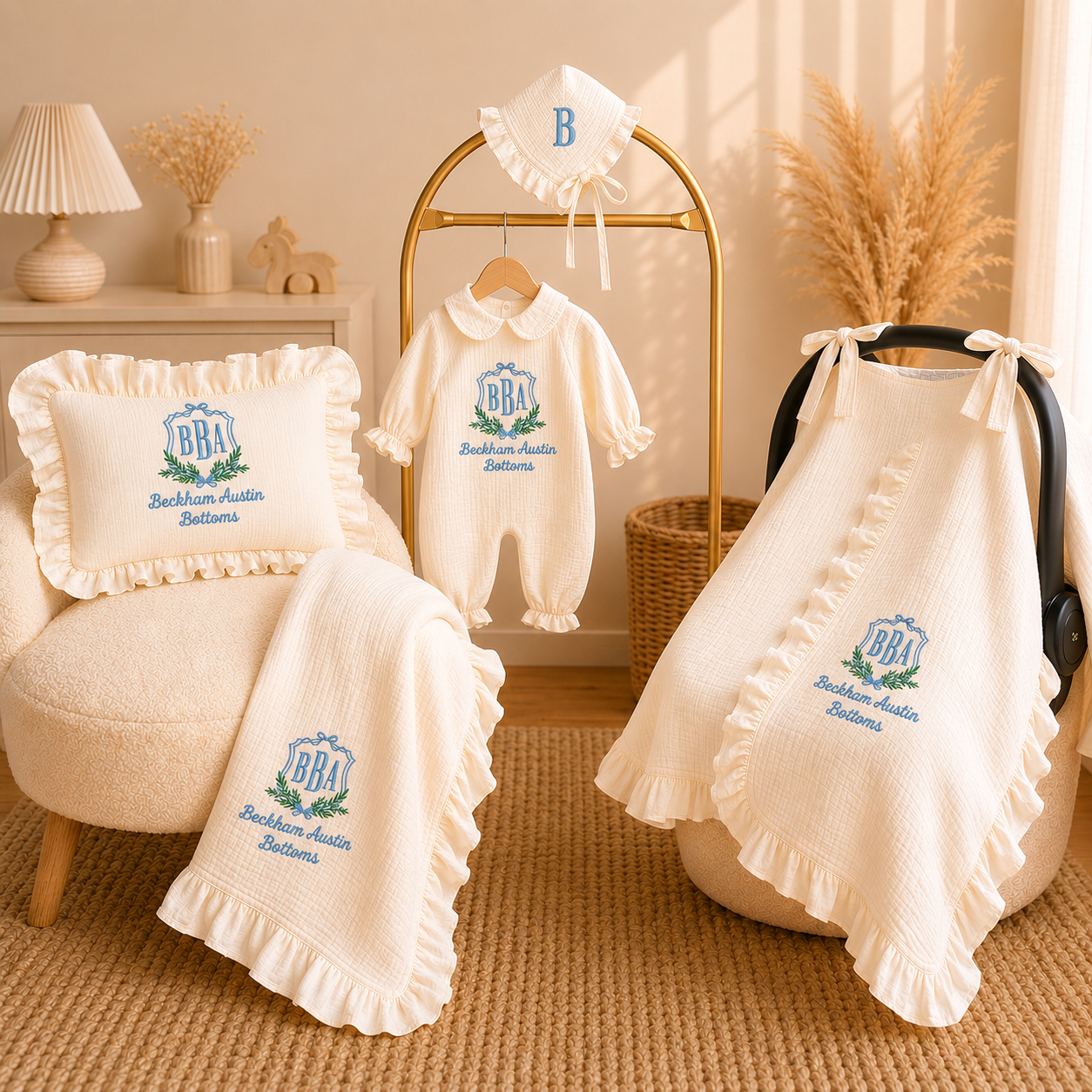 Personalized Baby Gift Set 4 Pieces | Muslin Romper  Blanket Pillow Stroller Cover | Custom Name