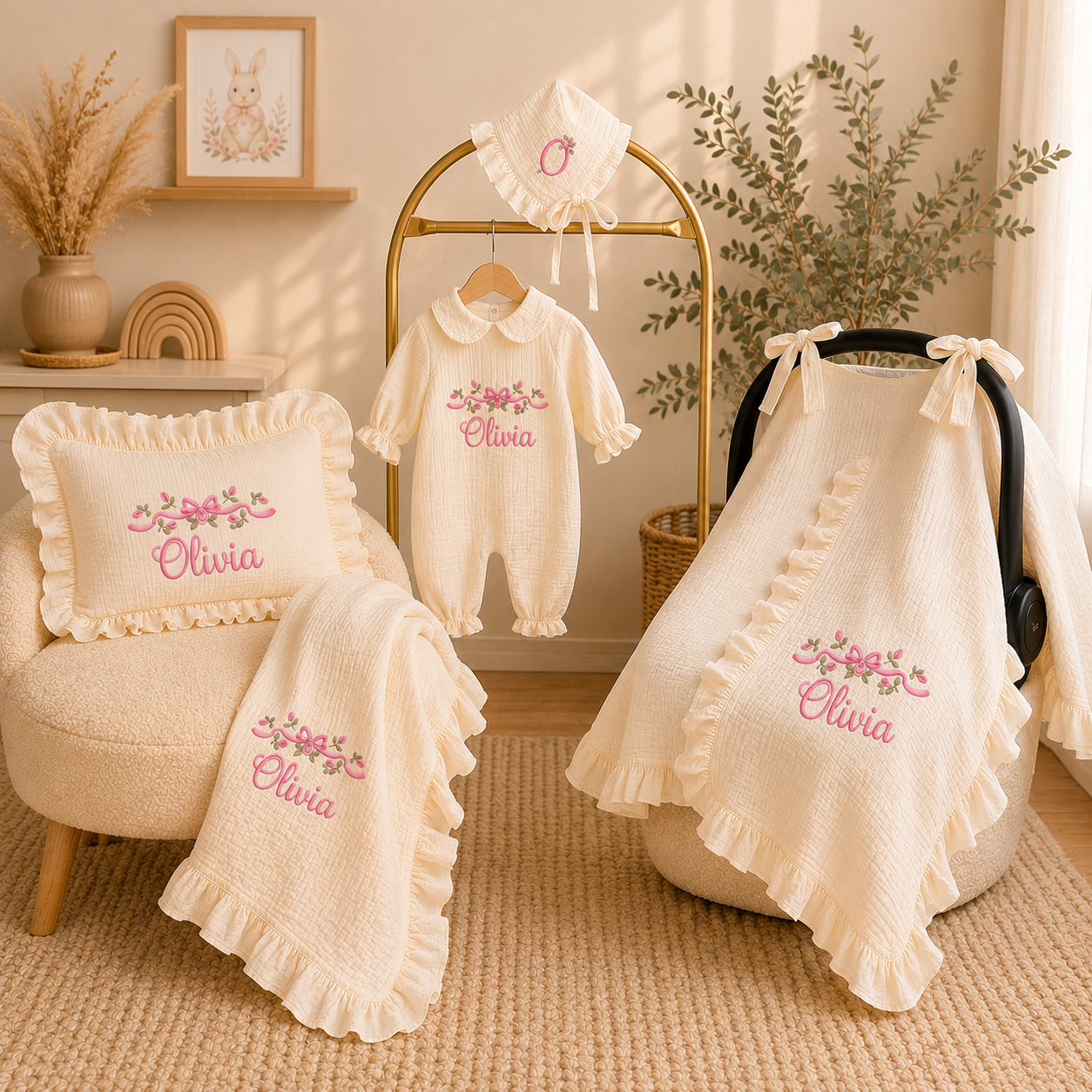 Personalized Baby Gift Set 4 Pieces | Muslin Romper  Blanket Pillow Stroller Cover | Custom Name
