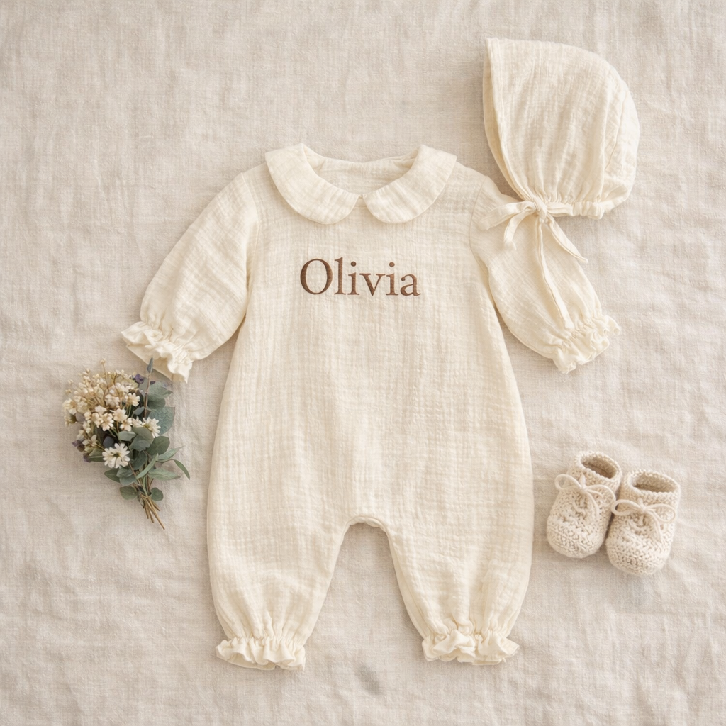 Personalized Baby Girl Muslin Romper with Bonnet, Embroidered Newborn Cotton Gauze Jumpsuit, Soft Long Sleeve Baby Outfit