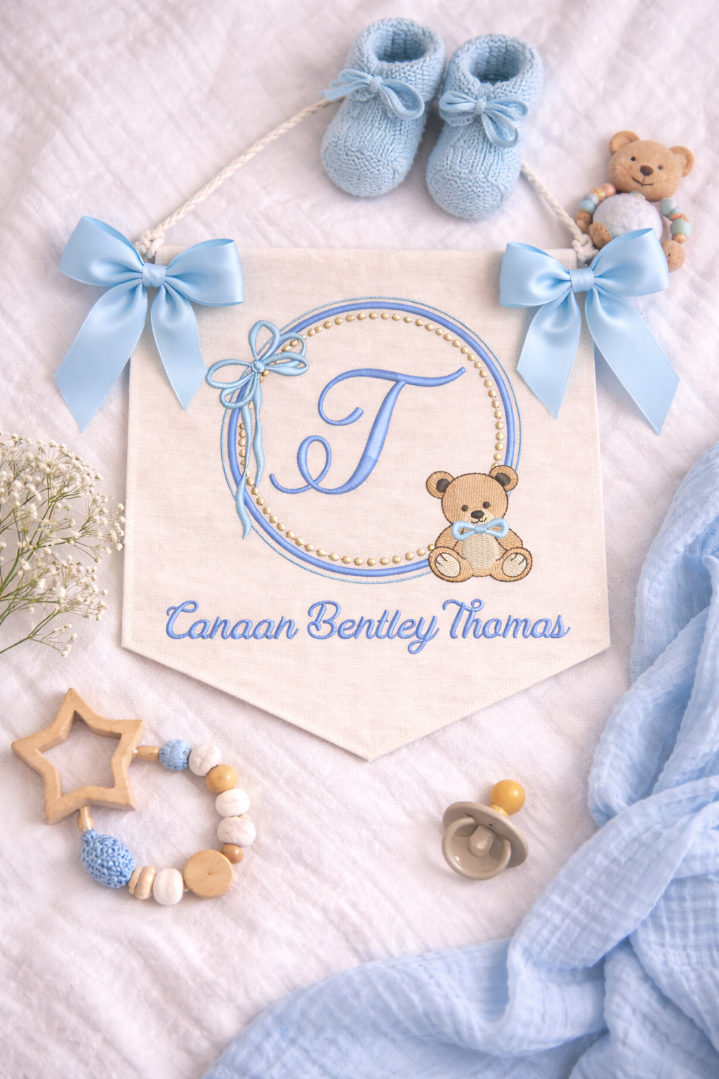 Personalized Baby Name Sign for Hospital Bassinet, Embroidered Newborn Nursery Banner with Birth Stats Tag, Baby Shower Gift