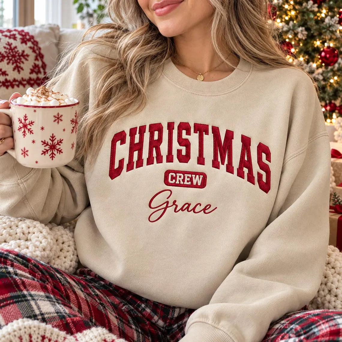 Embroidered Personalized Christmas Crew Sweatshirts, Retro Matching Family Holiday