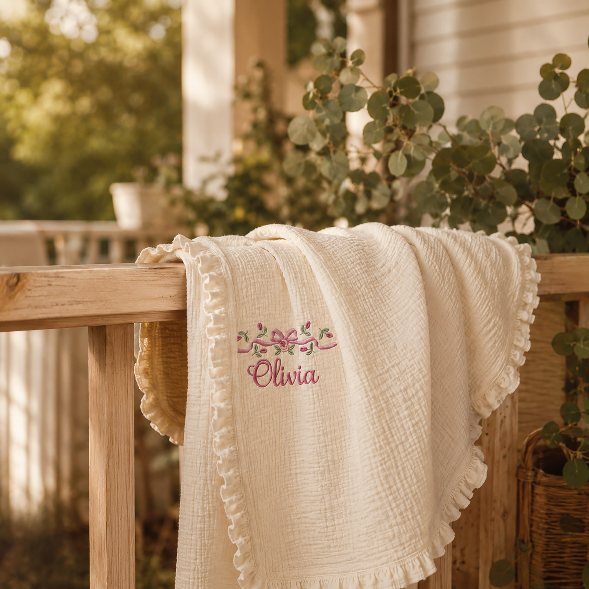 Personalized Muslin Baby Blanket — Custom Name Embroidery