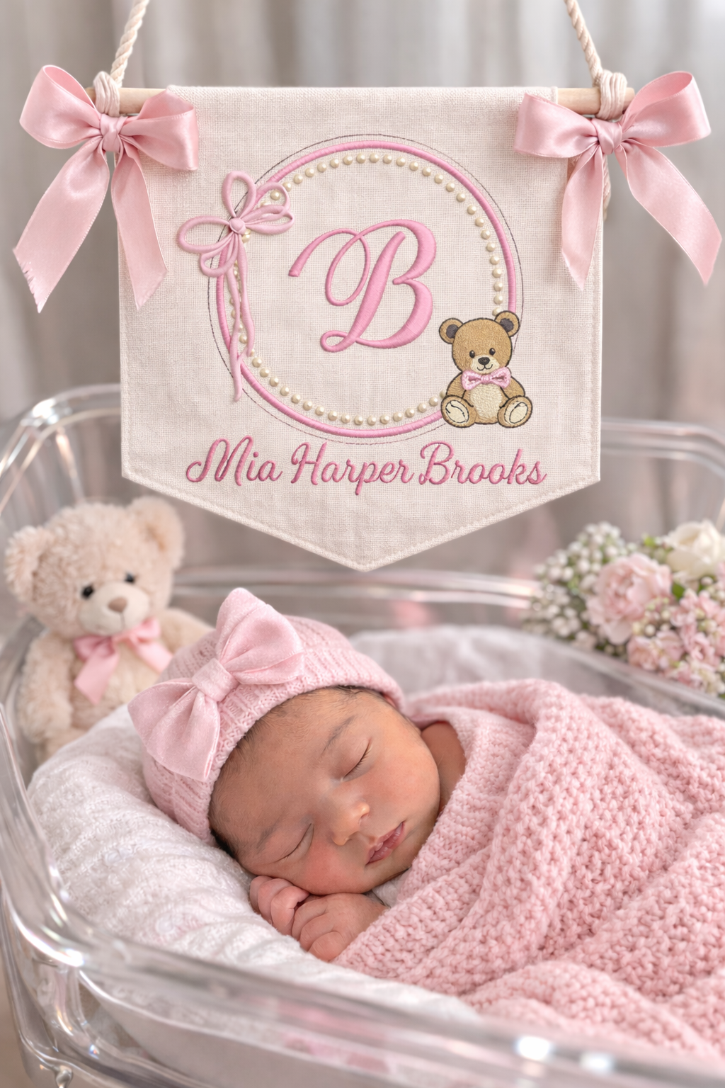 Personalized Baby Name Sign for Hospital Bassinet, Embroidered Newborn Nursery Banner with Birth Stats Tag, Baby Shower Gift