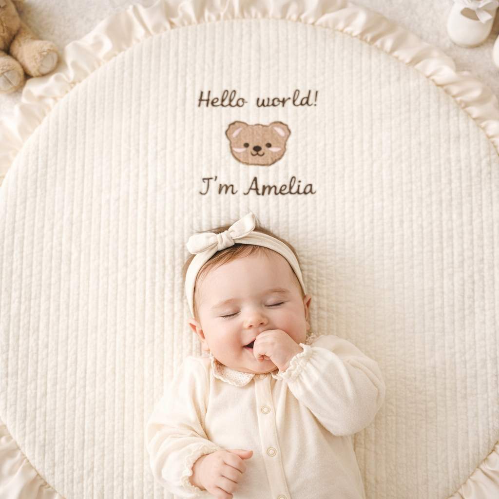 Personalized Round Baby Play Mat with Ruffle Edge, Custom Embroidered Baby Name Playmat, 100 cm Baby Shower Gift