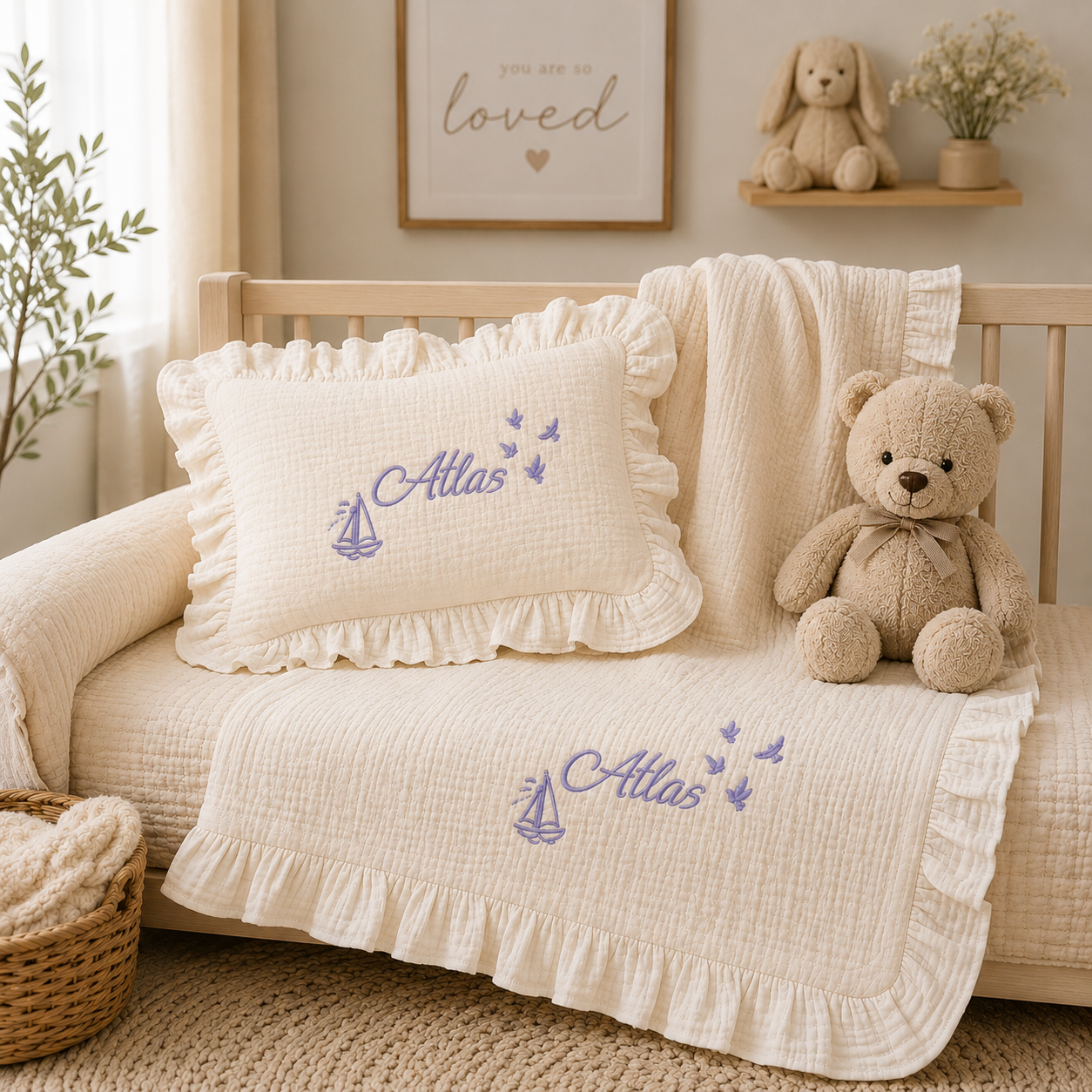 Personalized Baby Blanket & Pillow Set – Embroidered Muslin Baby Bedding with Ruffle Trim, Custom Name Nursery Gift