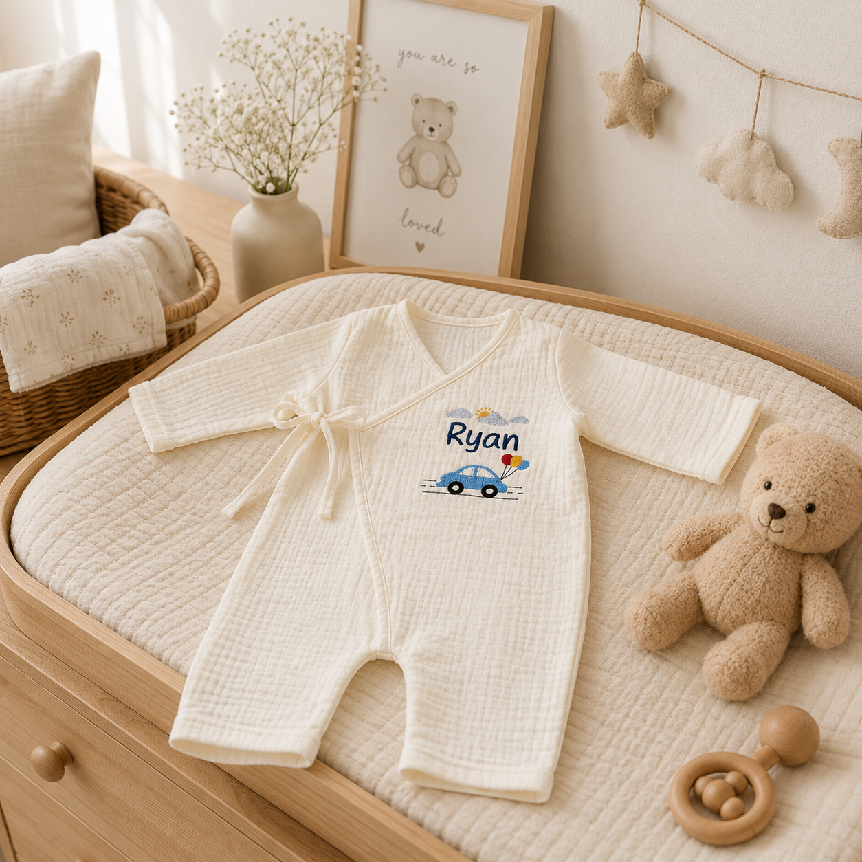 Personalized Baby Boy Muslin Kimono Romper – Custom Embroidered Name Outfit, Soft Newborn Coming Home Outfit, Baby Shower Gift