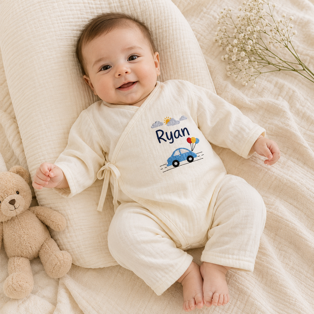 Personalized Baby Boy Muslin Kimono Romper – Custom Embroidered Name Outfit, Soft Newborn Coming Home Outfit, Baby Shower Gift