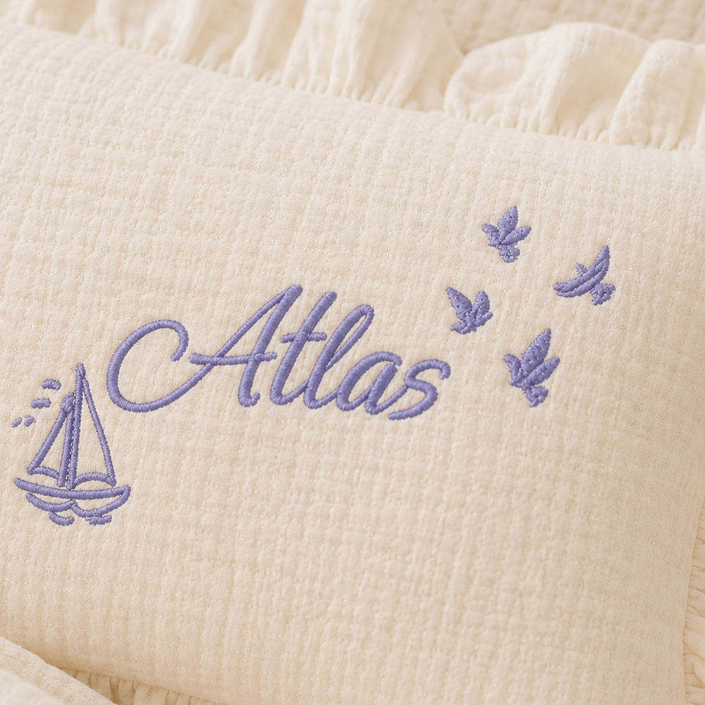 Personalized Baby Blanket & Pillow Set – Embroidered Muslin Baby Bedding with Ruffle Trim, Custom Name Nursery Gift