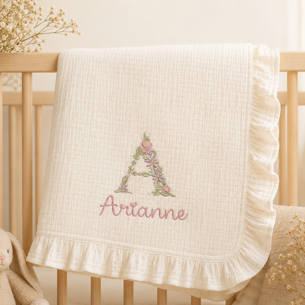 Personalized Floral Initial Muslin Baby Blanket, Newborn Baby Shower Gift, Nursery Keepsake