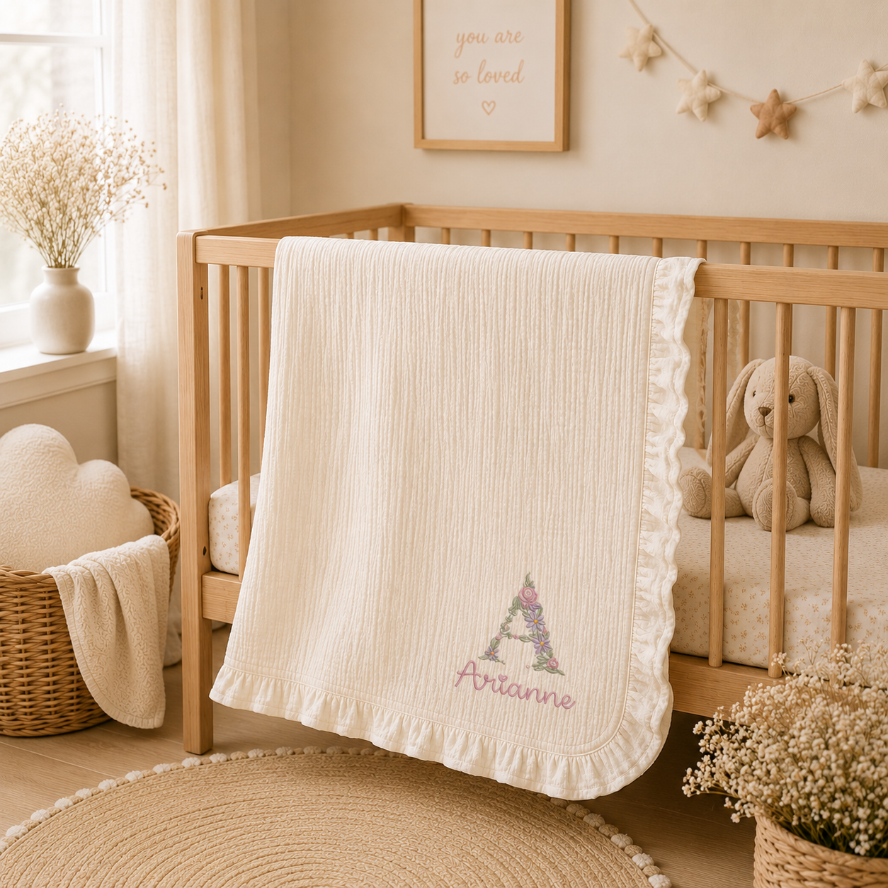 Personalized Floral Initial Muslin Baby Blanket, Newborn Baby Shower Gift, Nursery Keepsake