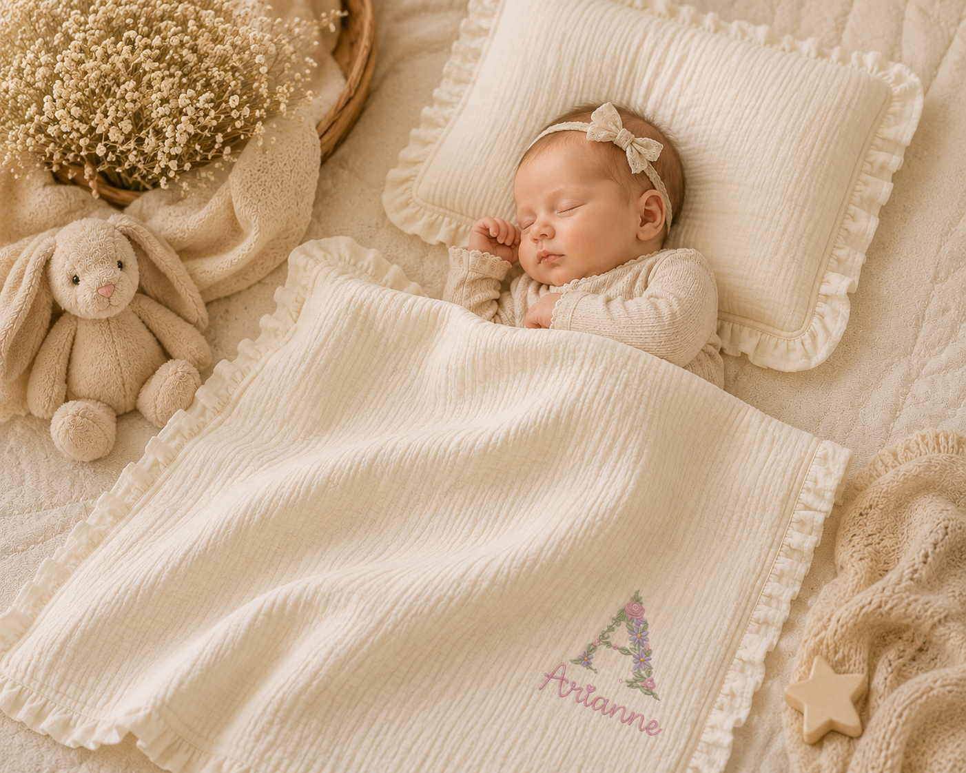 Personalized Floral Initial Muslin Baby Blanket, Newborn Baby Shower Gift, Nursery Keepsake