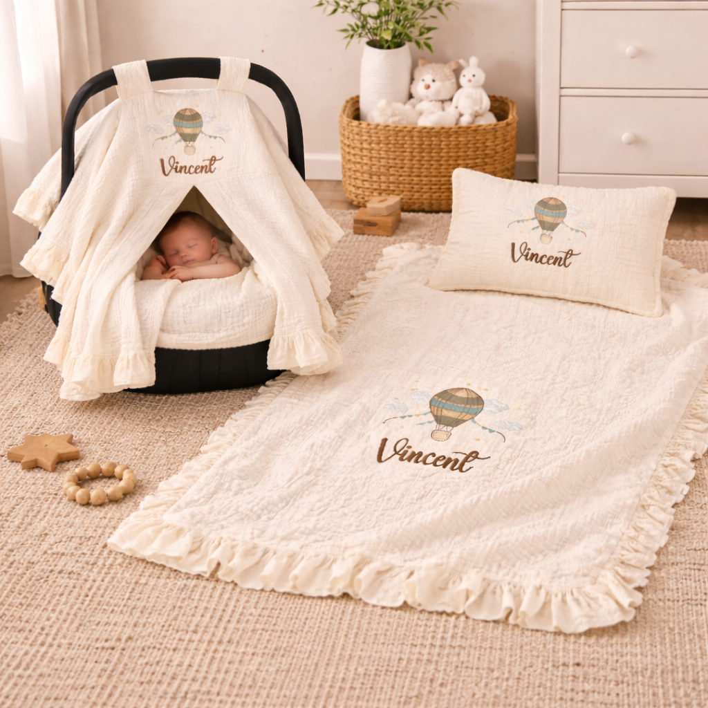 Personalized Baby Gift Set – Embroidered Muslin Car Seat Canopy, Baby Blanket & Pillow with Name