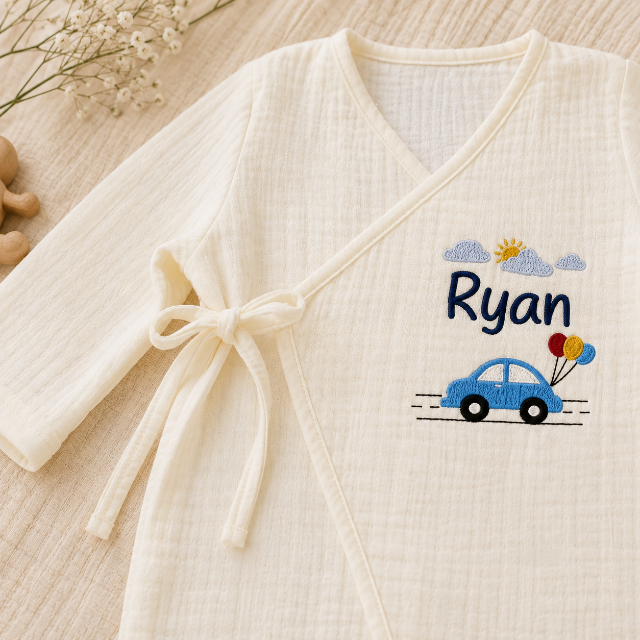 Personalized Baby Boy Muslin Kimono Romper – Custom Embroidered Name Outfit, Soft Newborn Coming Home Outfit, Baby Shower Gift