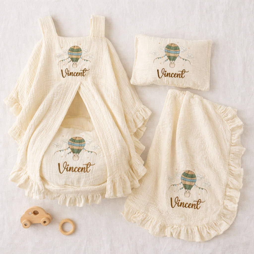 Personalized Baby Gift Set – Embroidered Muslin Car Seat Canopy, Baby Blanket & Pillow with Name