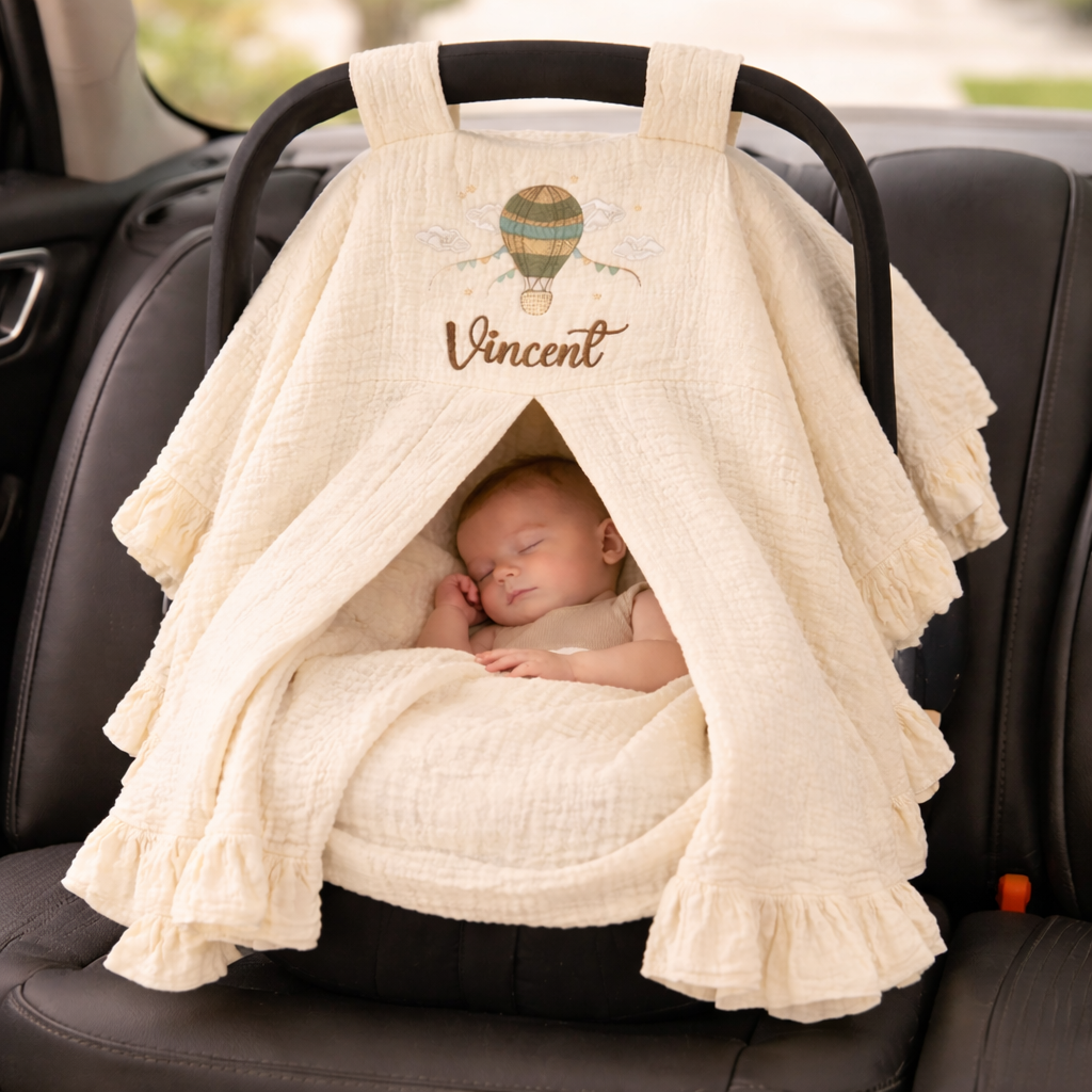 Personalized Baby Car Seat Canopy – Custom Embroidered Muslin Car Seat Cover with Name, Baby Shower Gift