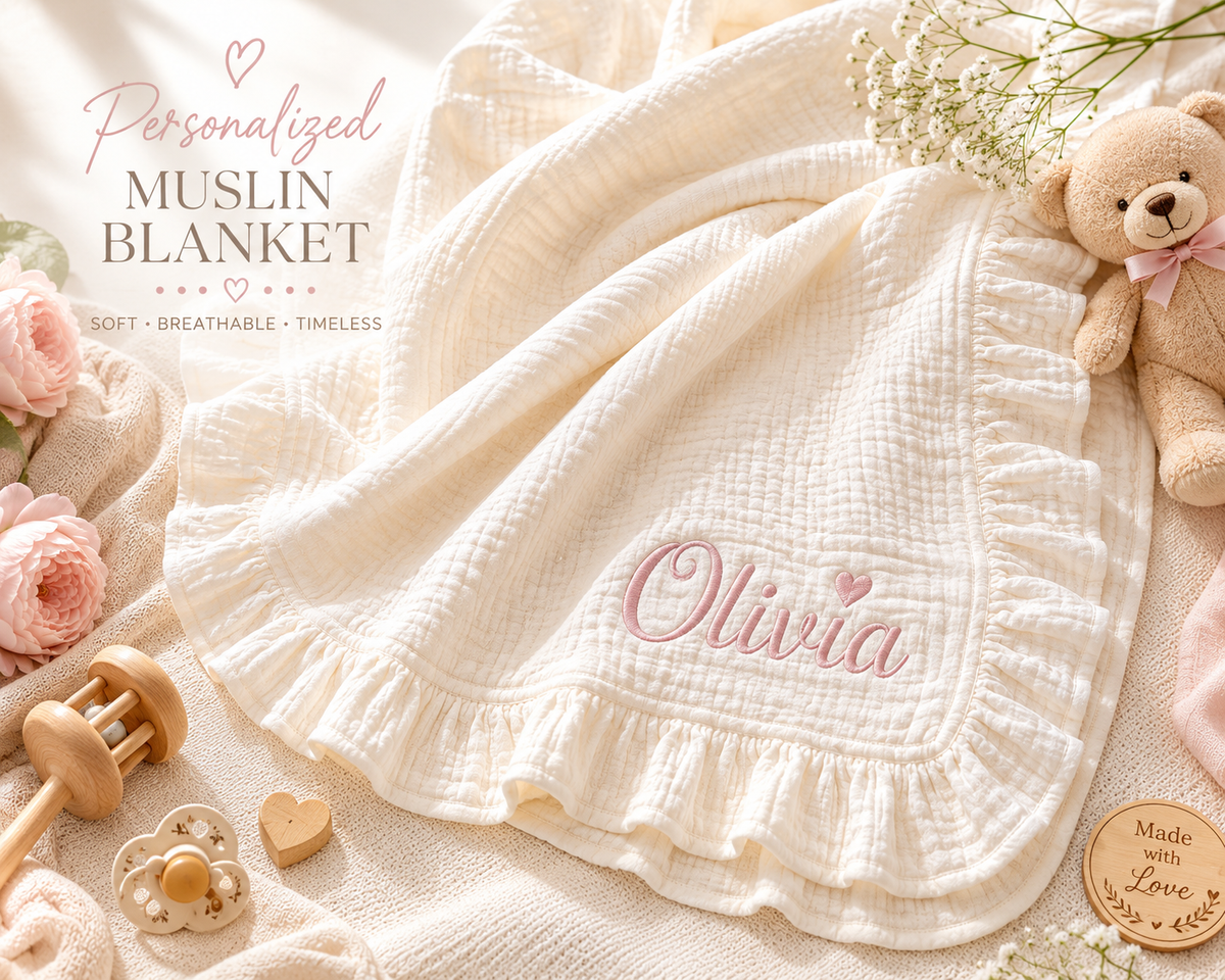 Personalized Muslin Baby Blanket, Newborn Baby Shower Gift, Nursery Keepsake