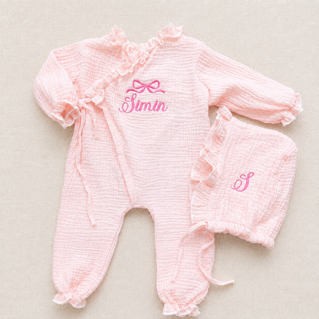 Personalized Baby Muslin Romper Set with Bonnet, Embroidered Baby Girl Outfit, Soft Cotton Gauze Newborn Gift