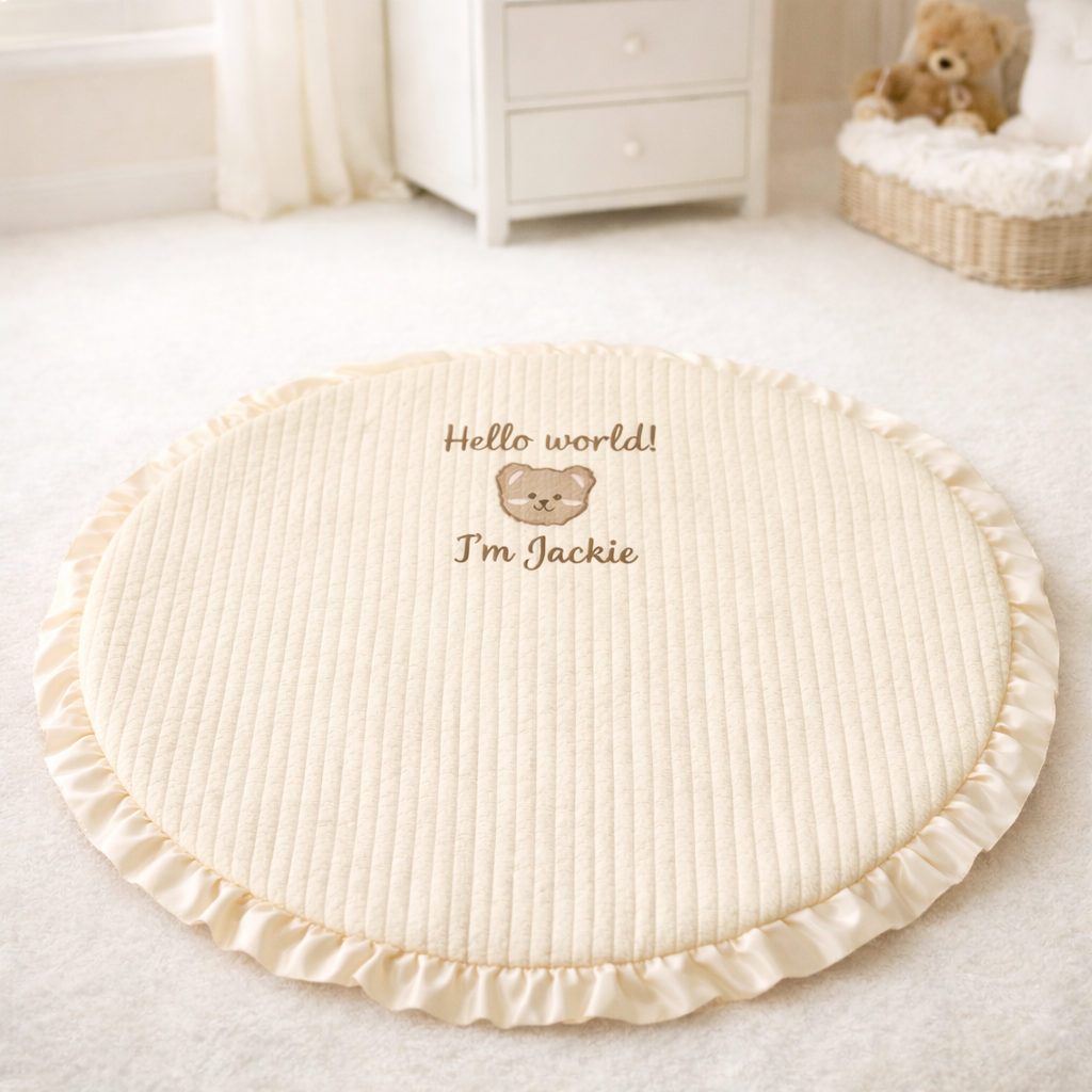 Personalized Round Baby Play Mat with Ruffle Edge, Custom Embroidered Baby Name Playmat, 100 cm Baby Shower Gift