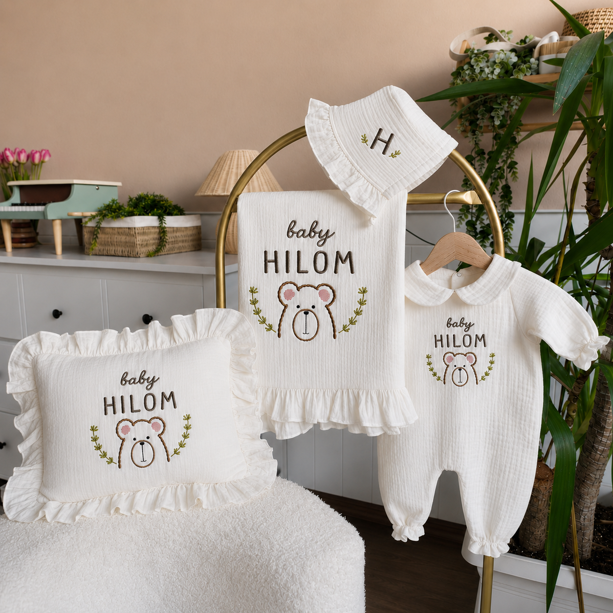 Personalized Embroidered Baby Gift Set – Muslin Blanket, Ruffle Pillow, Romper & Bonnet