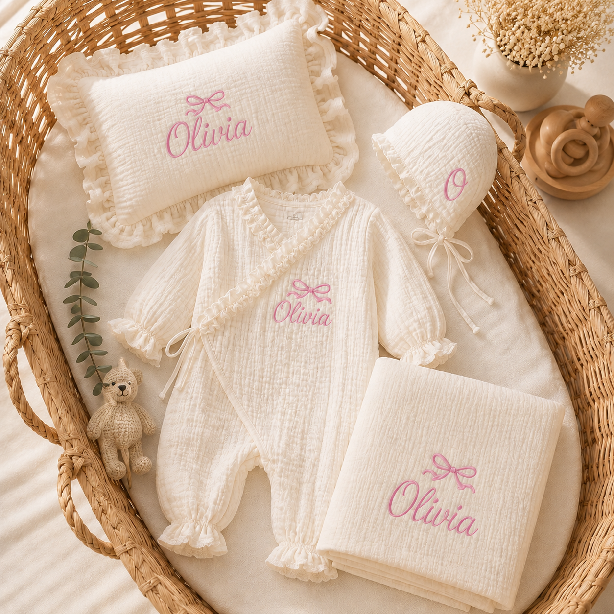 Personalized Muslin Baby Gift Set – Custom Embroidered Newborn Romper, Blanket, Pillow & Bonnet