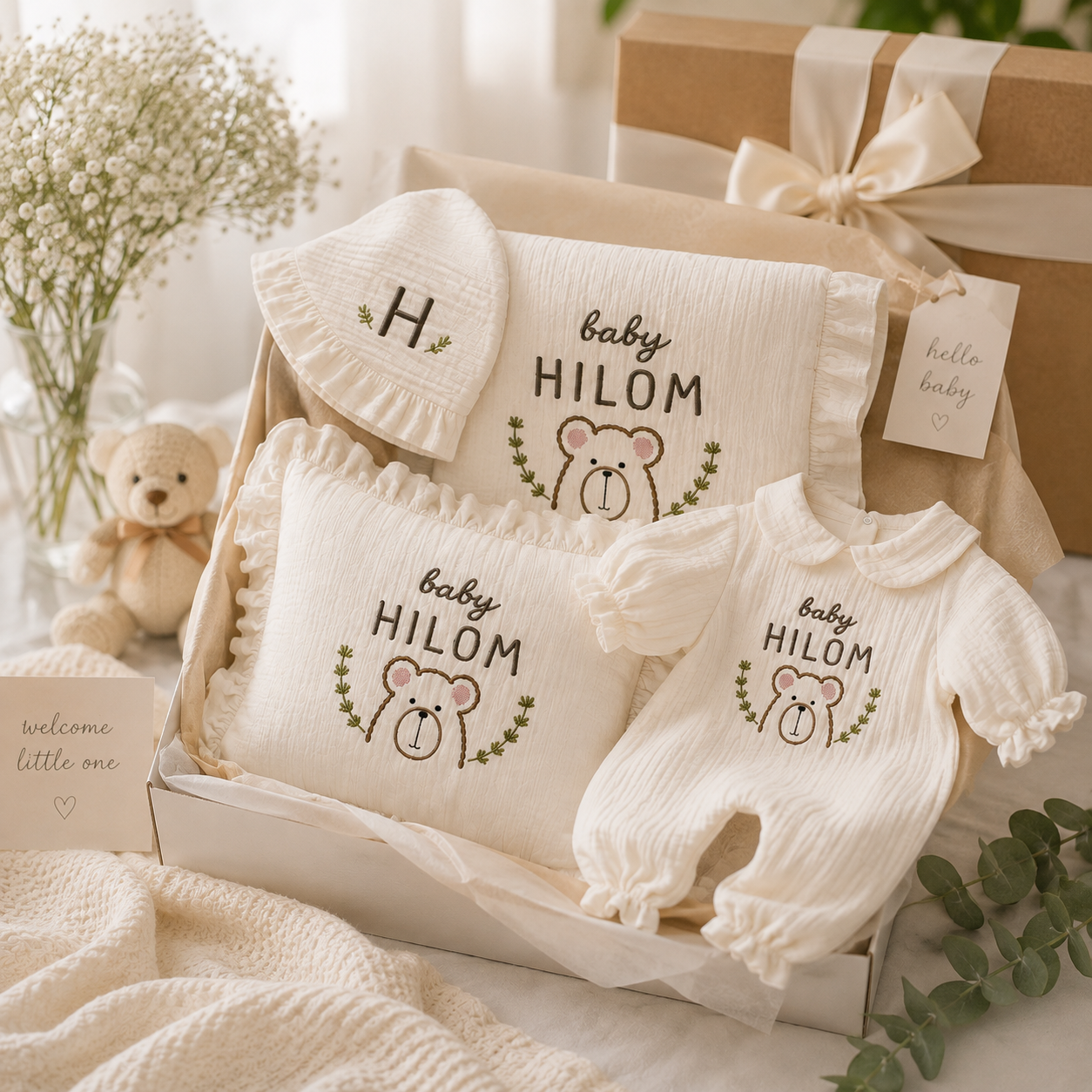 Personalized Embroidered Baby Gift Set – Muslin Blanket, Ruffle Pillow, Romper & Bonnet
