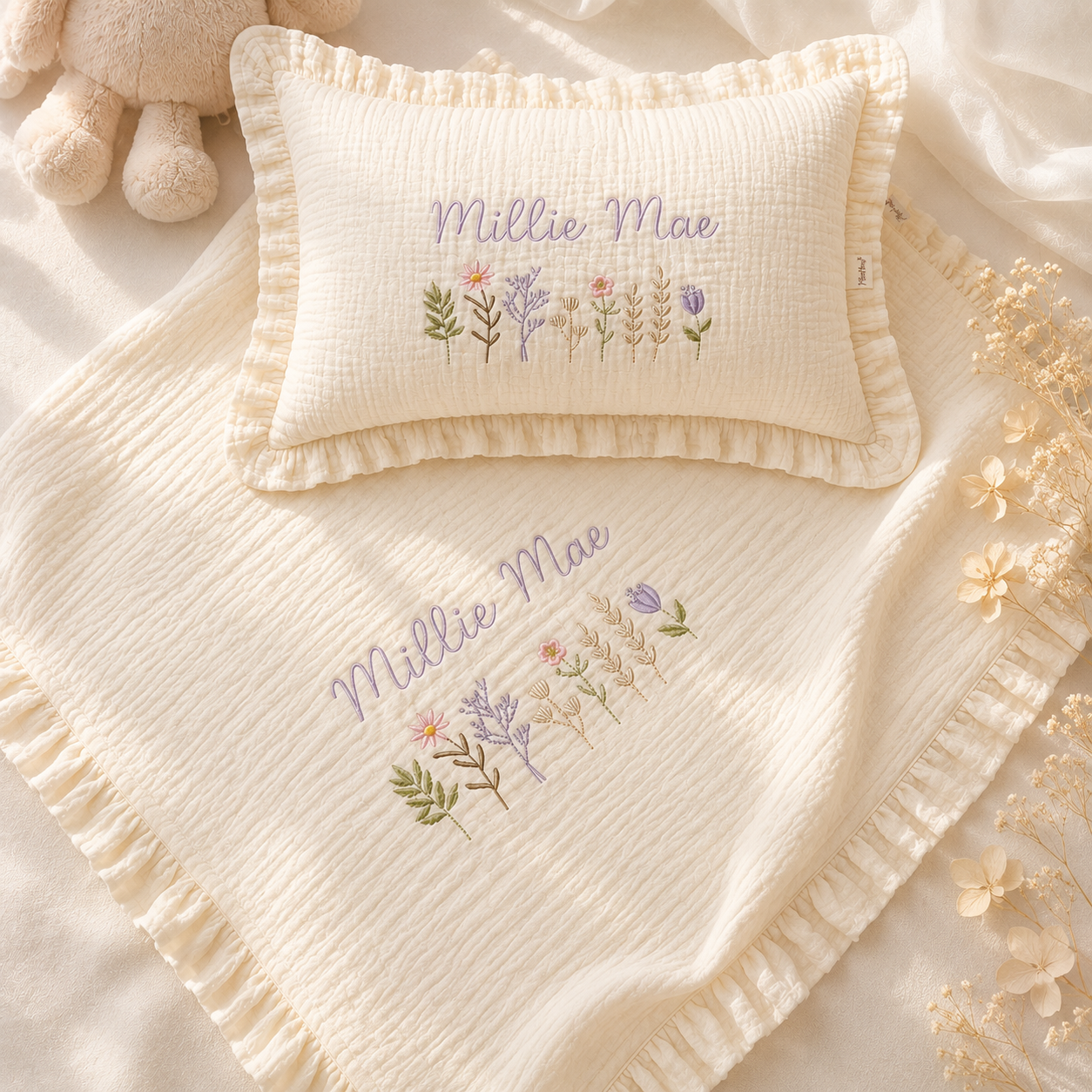 Personalized Muslin Baby Blanket & Pillow With Name, Custom Embroidered Baby Gift, Luxury Newborn Set Gift
