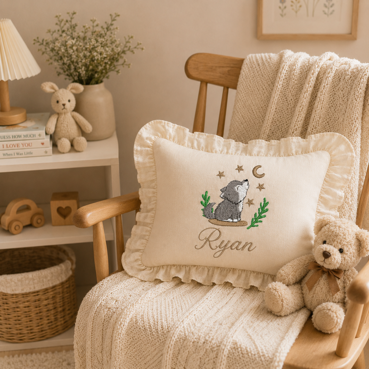 Personalized Baby Name Pillow with Ruffle Trim – Embroidered Woodland Wolf Nursery Pillow