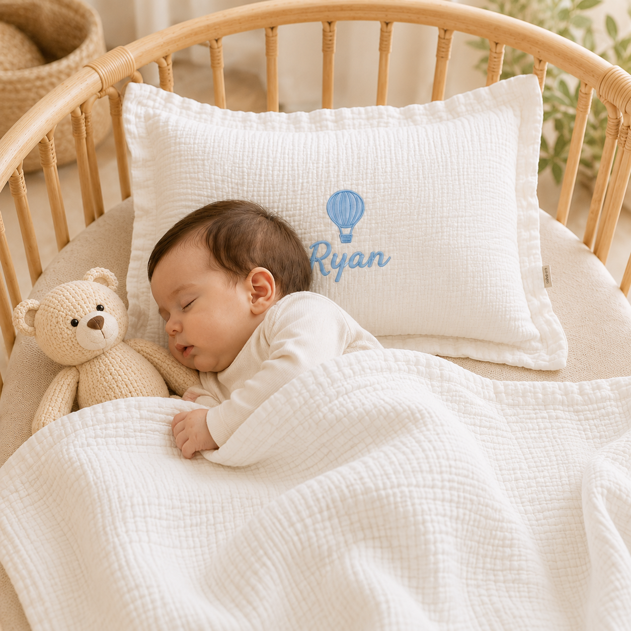 Personalized Muslin Baby Blanket & Pillow Set, Custom Embroidered Baby Name Blanket, Neutral Nursery Bedding, Newborn Gift