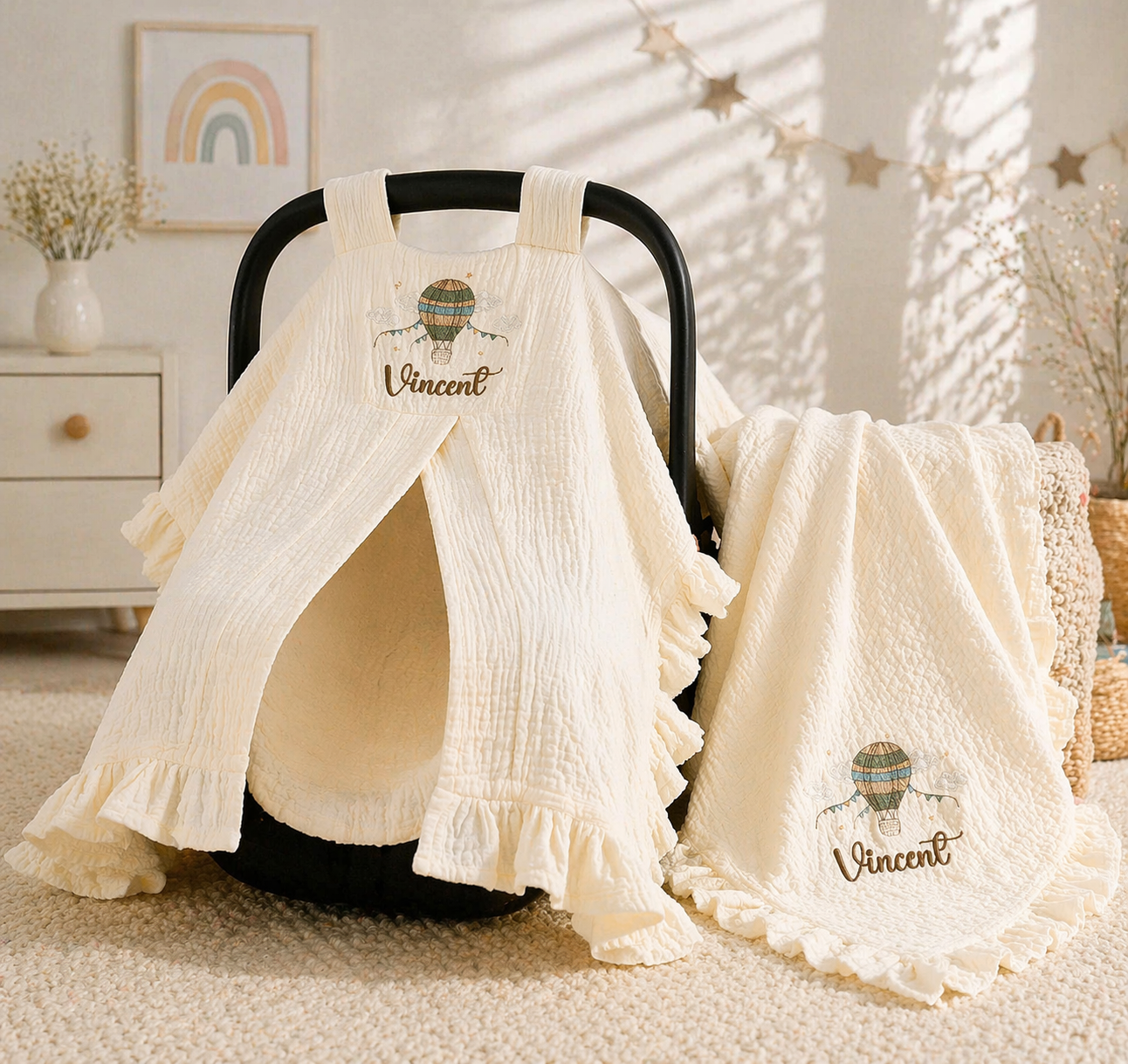 Personalized Baby Car Seat Canopy – Custom Embroidered Muslin Car Seat Cover with Name, Baby Shower Gift