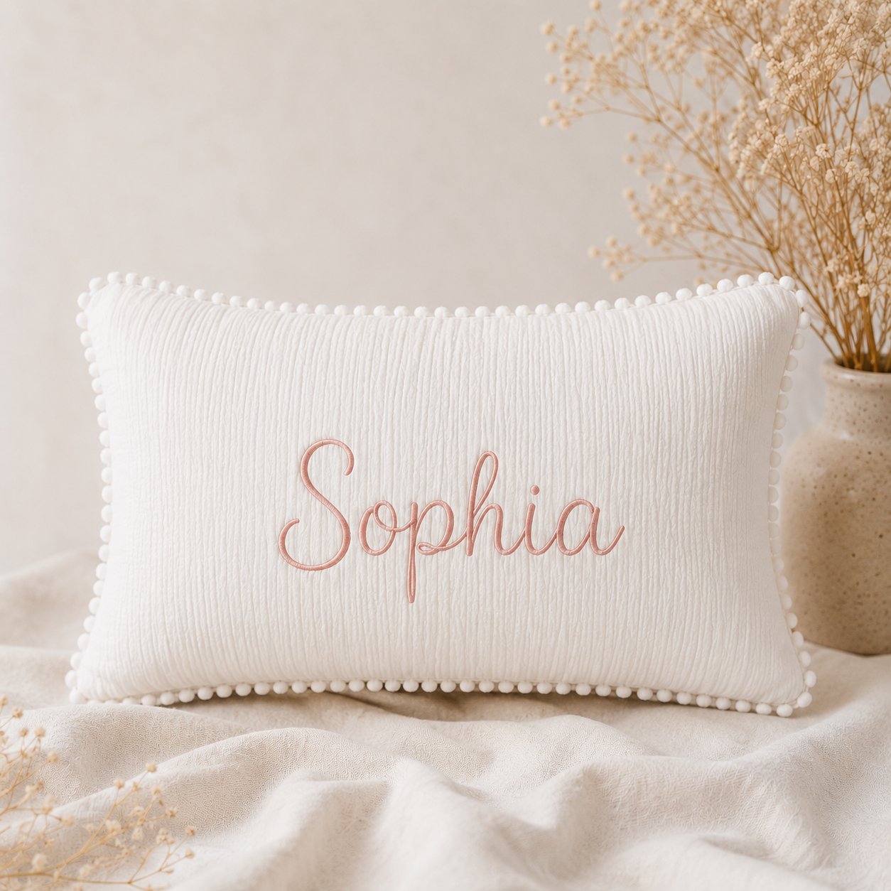 Personalized Baby Name Pillow – Custom Embroidered Muslin Pillow with Pom Pom Trim, Nursery Decor & Baby Gift