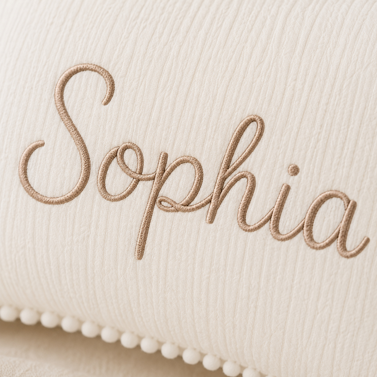 Personalized Baby Name Pillow – Custom Embroidered Muslin Pillow with Pom Pom Trim, Nursery Decor & Baby Gift