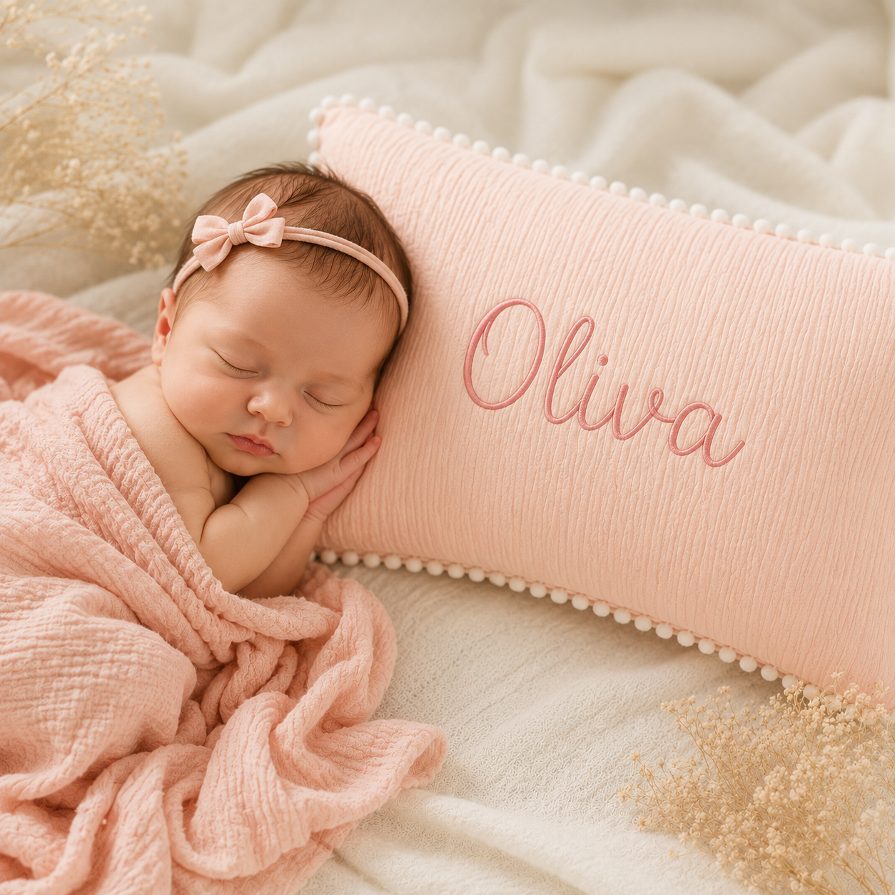 Personalized Baby Name Pillow – Custom Embroidered Muslin Pillow with Pom Pom Trim, Nursery Decor & Baby Gift