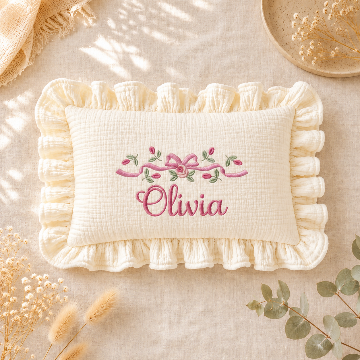 Personalized Muslin Baby Pillow — Custom Name Embroidery