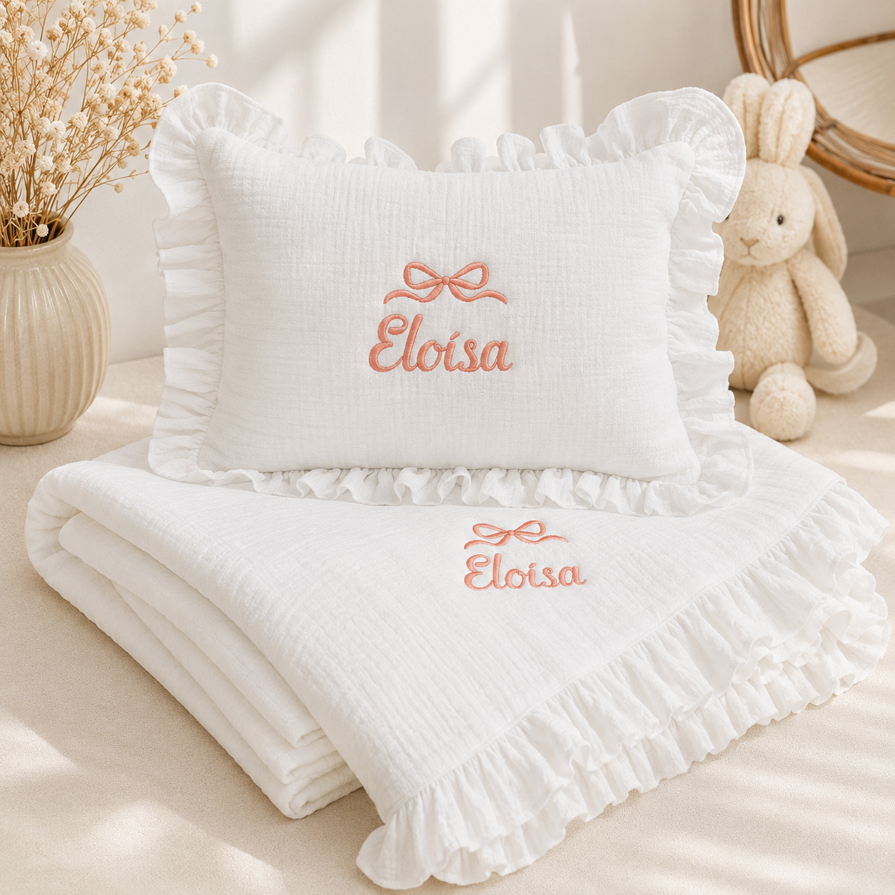 Personalized Baby Muslin Blanket & Ruffle Pillow Set, Embroidered Baby Name Blanket, Newborn Nursery Bedding, Baby Shower Gift