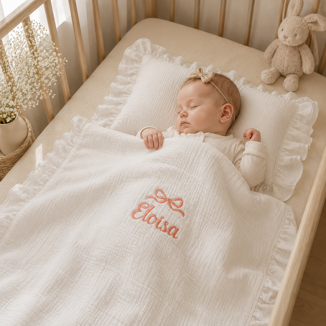 Personalized Baby Muslin Blanket & Ruffle Pillow Set, Embroidered Baby Name Blanket, Newborn Nursery Bedding, Baby Shower Gift