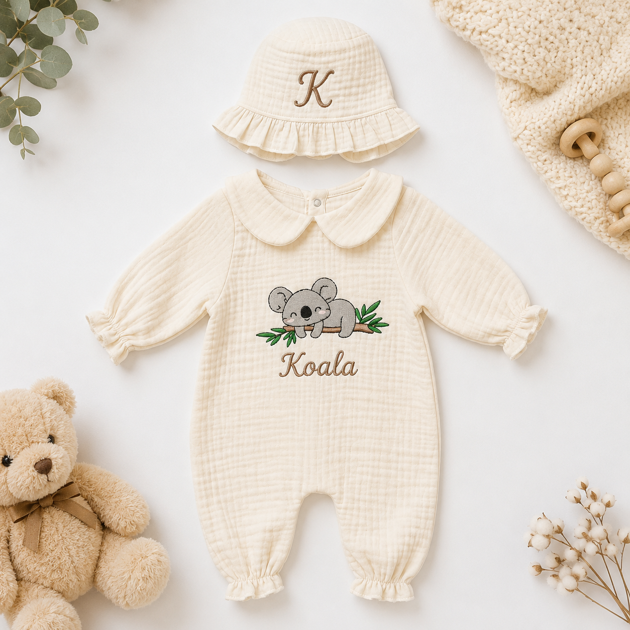 Personalized Baby Romper & Bonnet Set – Embroidered Koala Muslin Outfit, Custom Baby Name Coming Home Outfit
