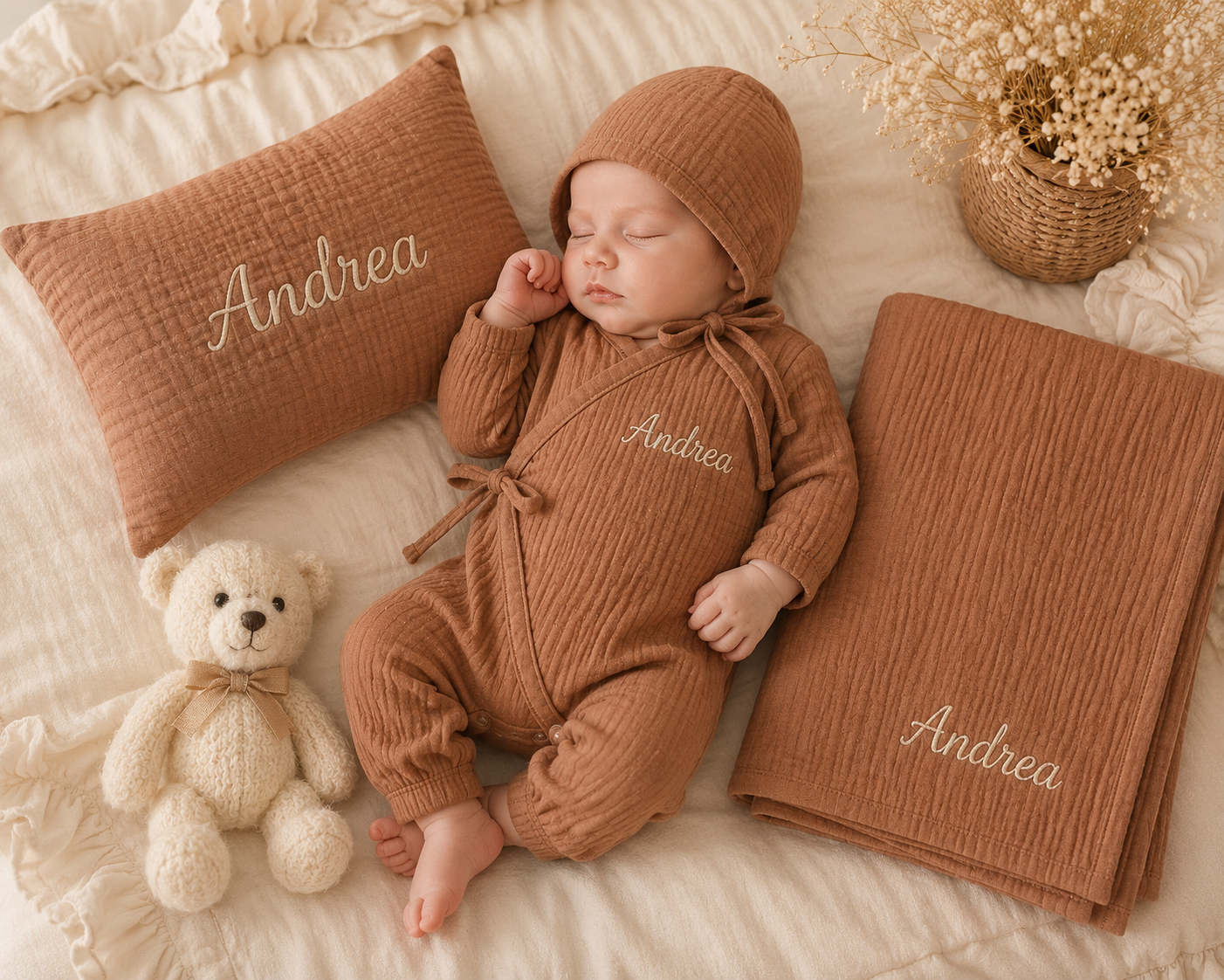 Personalized Baby Gift Set – Custom Embroidered Muslin Kimono Romper, Bonnet, Baby Blanket & Pillow